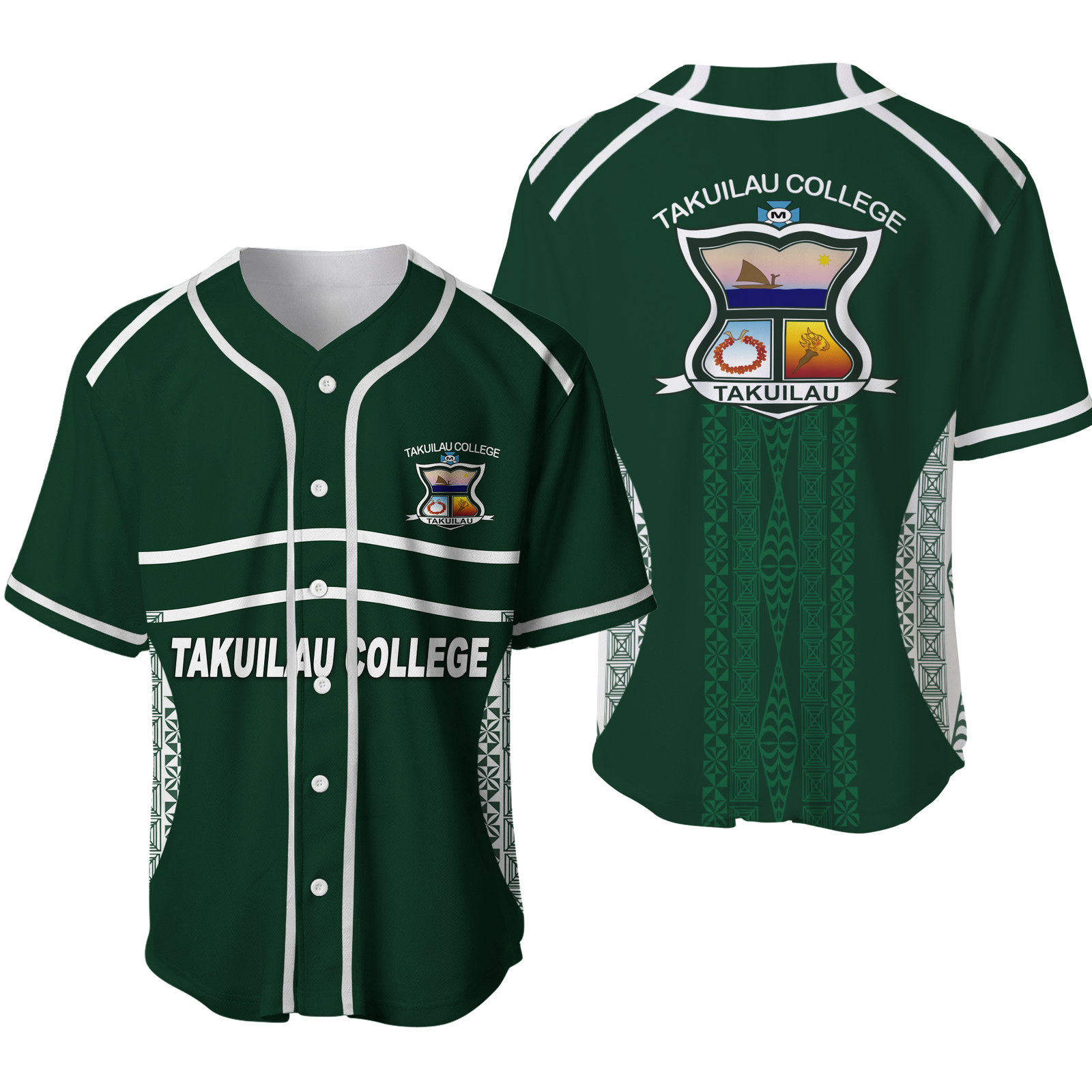 Takuilau College Tongan Patterns Baseball Jersey - LT12 Green - Polynesian Pride