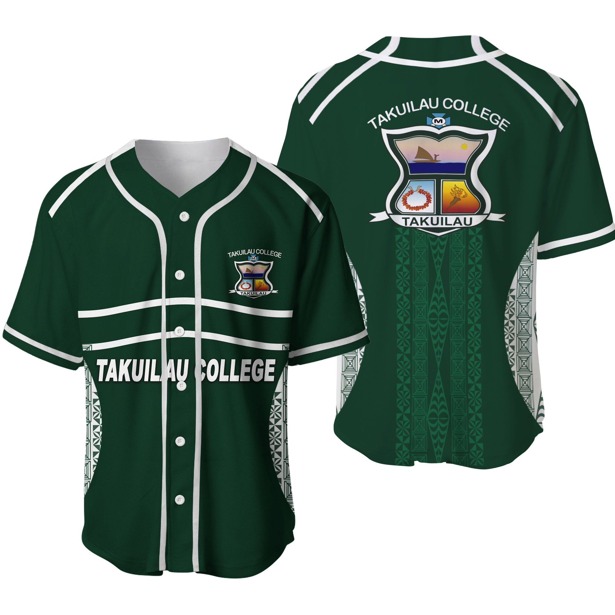 Takuilau College Tongan Patterns Baseball Jersey - LT12 Green - Polynesian Pride