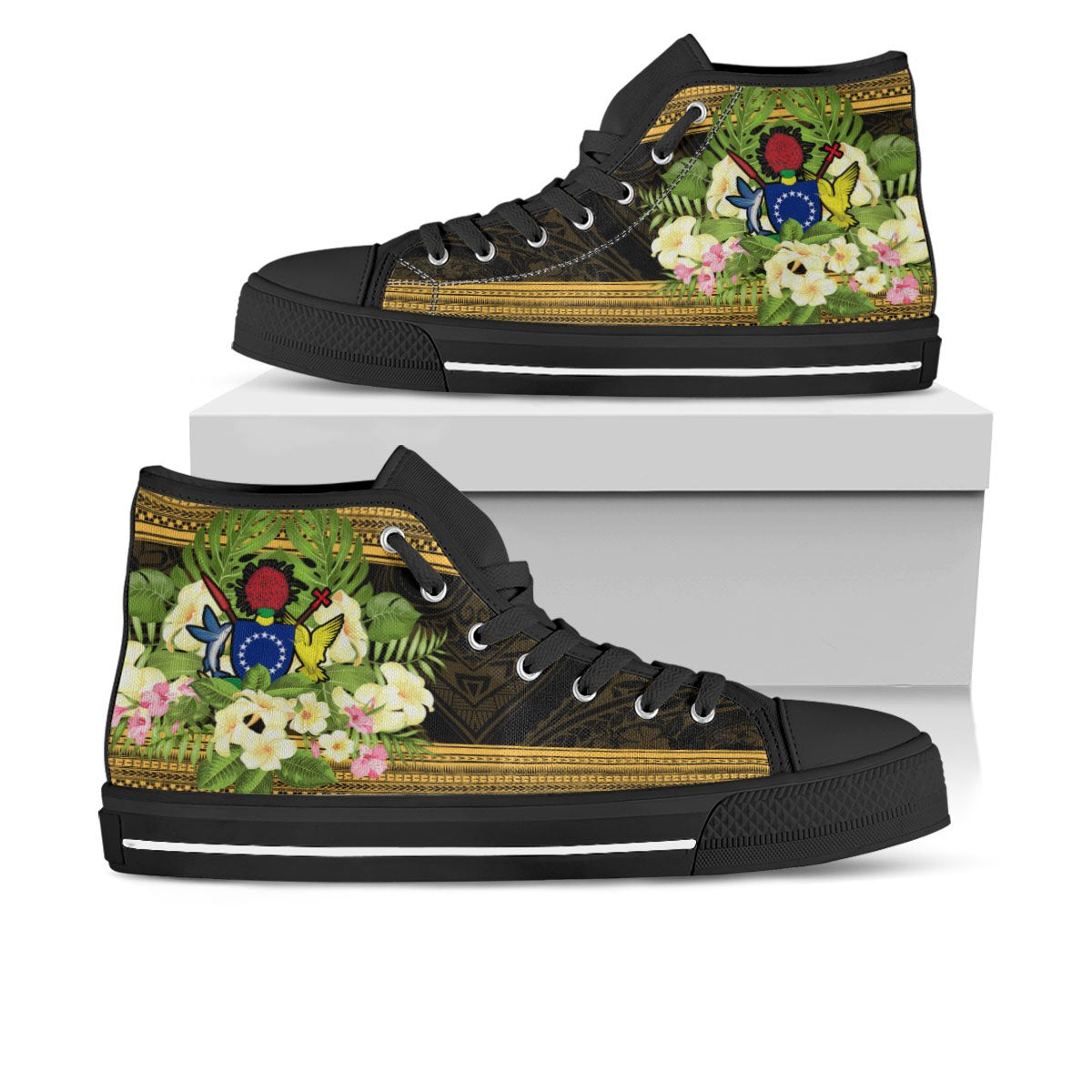 Cook Islands High Top Shoes - Polynesian Gold Patterns Collection Unisex Black - Polynesian Pride