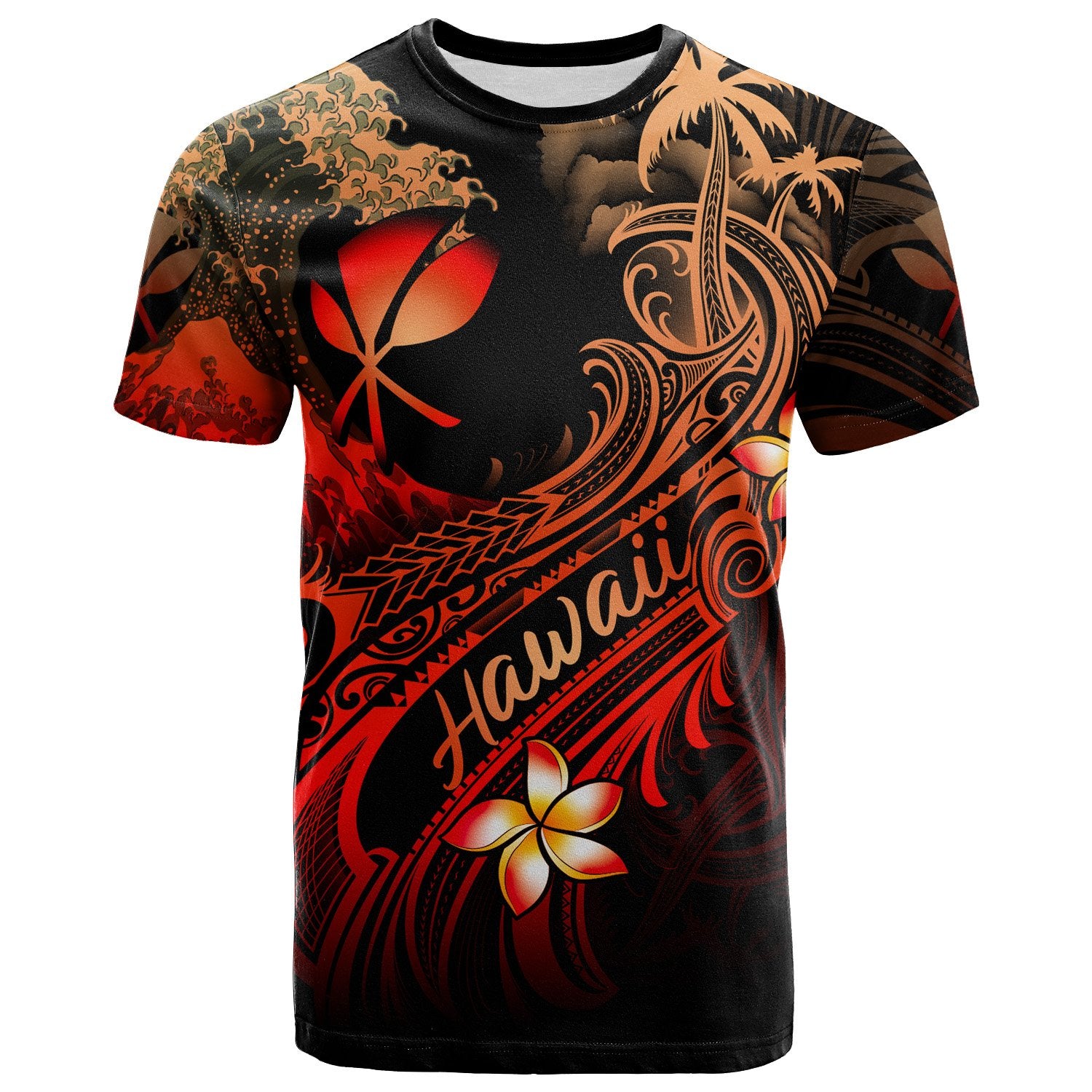 Hawaii Polynesian T Shirt Plumeria Flowers and Waves Unisex Red - Polynesian Pride