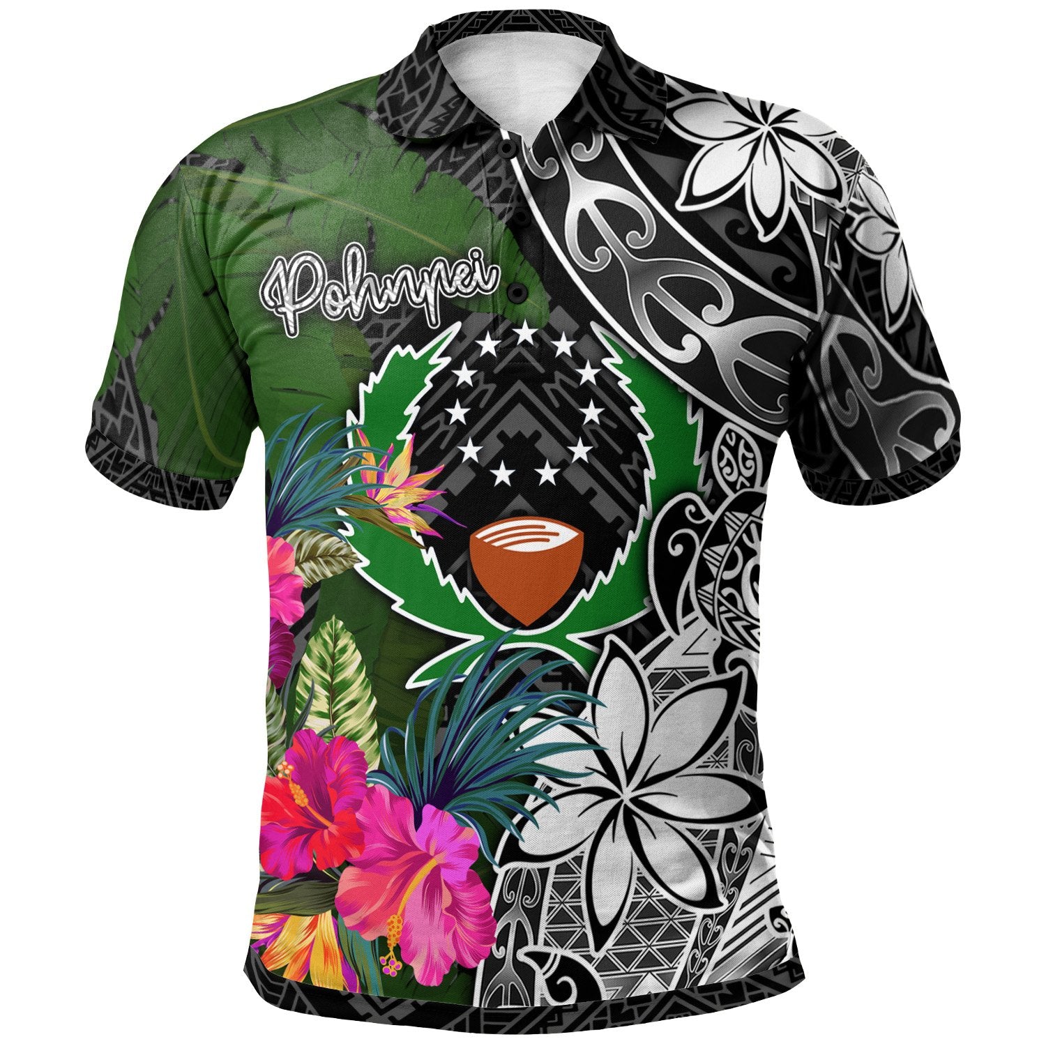 Pohnpei Polo Shirt Turtle Plumeria Banana Leaf Unisex Black - Polynesian Pride