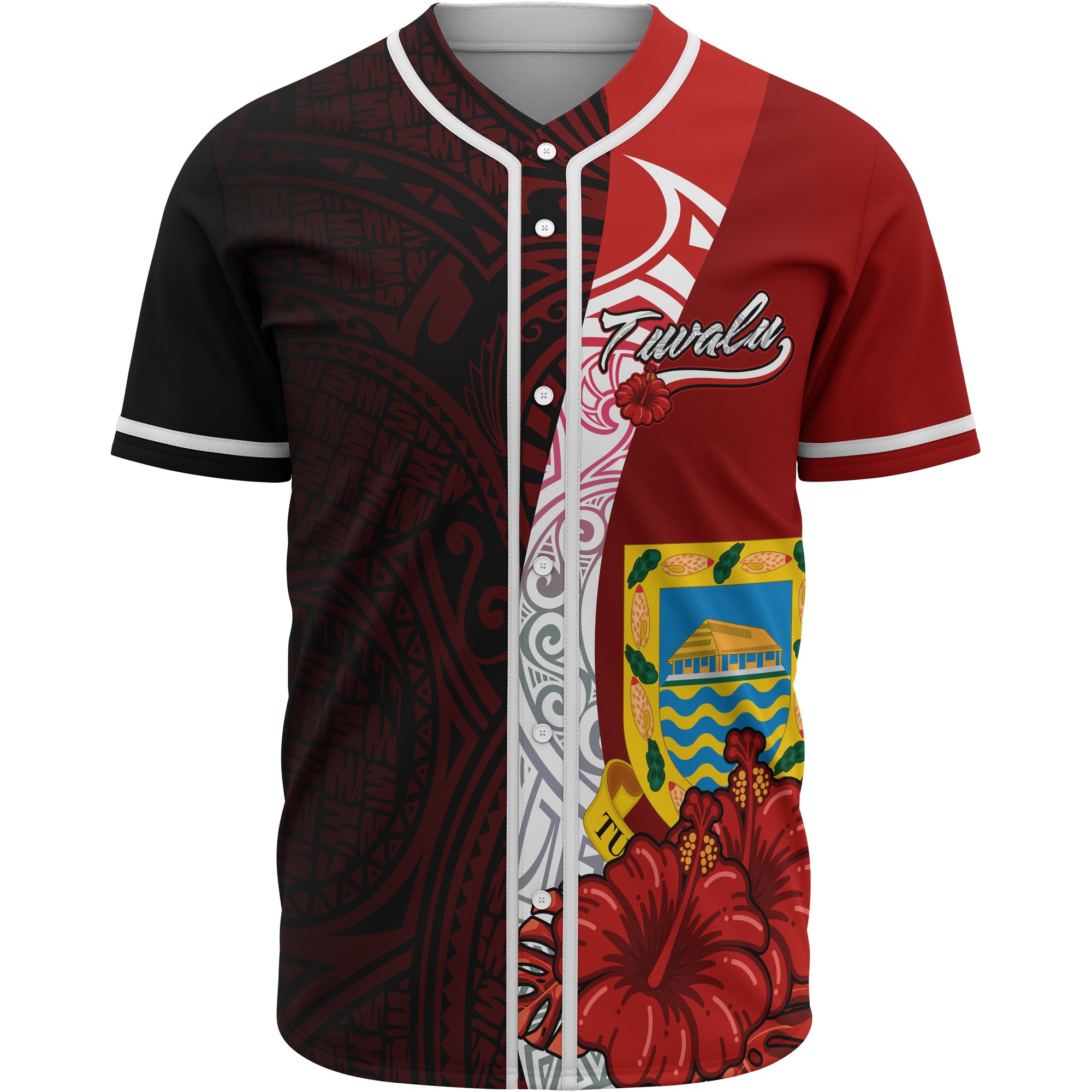 Tuvalu Polynesian Baseball Shirt - Coat Of Arm With Hibiscus Unisex Red - Polynesian Pride