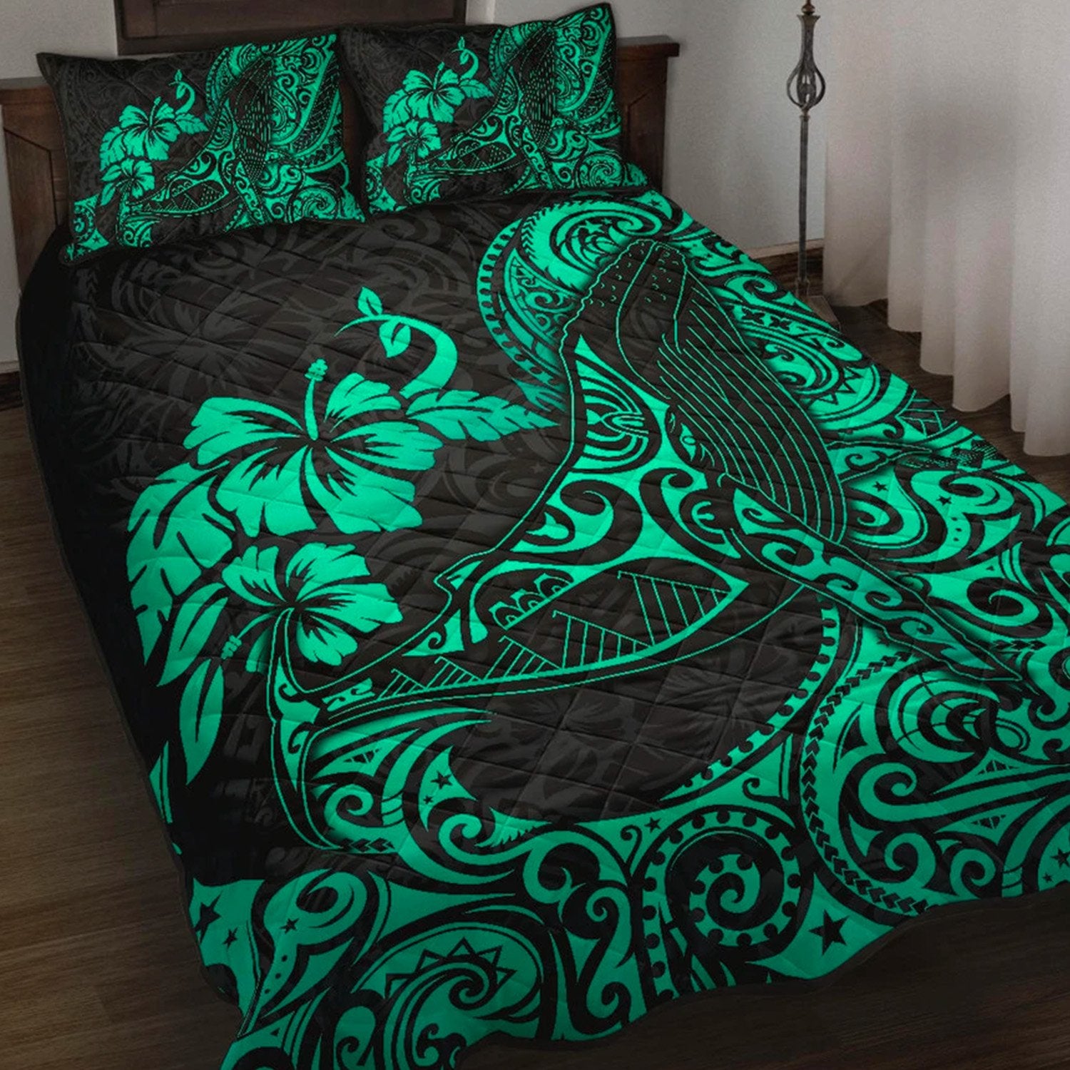 Polynesian Hawaii Quilt Bed Set - Polynesian Turquoise Humpback Whale Turquoise - Polynesian Pride