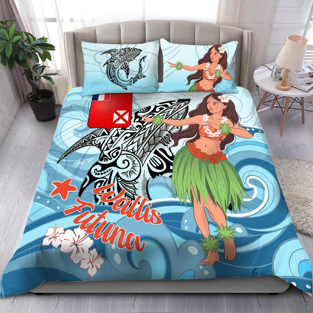 Wallis and Futuna Bedding Set - Polynesian Girls With Shark Blue - Polynesian Pride