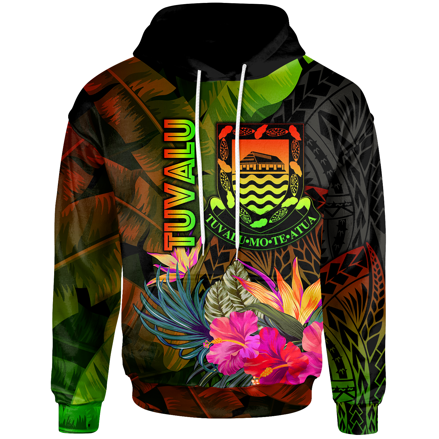 Tuvalu Polynesian Hoodie Hibiscus and Banana Leaves Unisex Reggae - Polynesian Pride