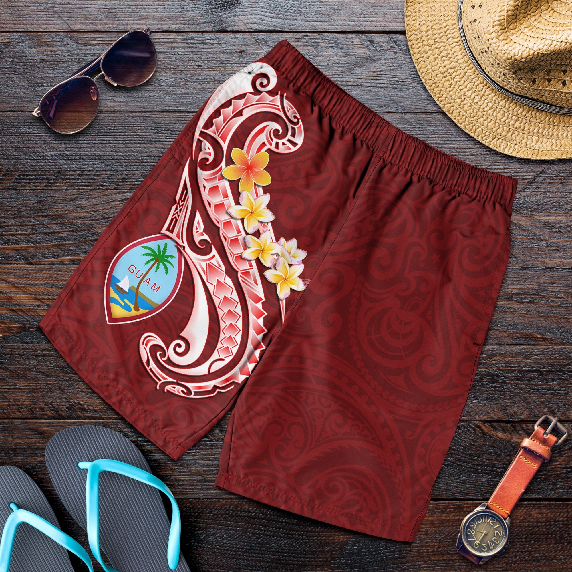 Guam Personalised Men's Short - Guam Seal Polynesian Patterns Plumeria (Red) - Polynesian Pride