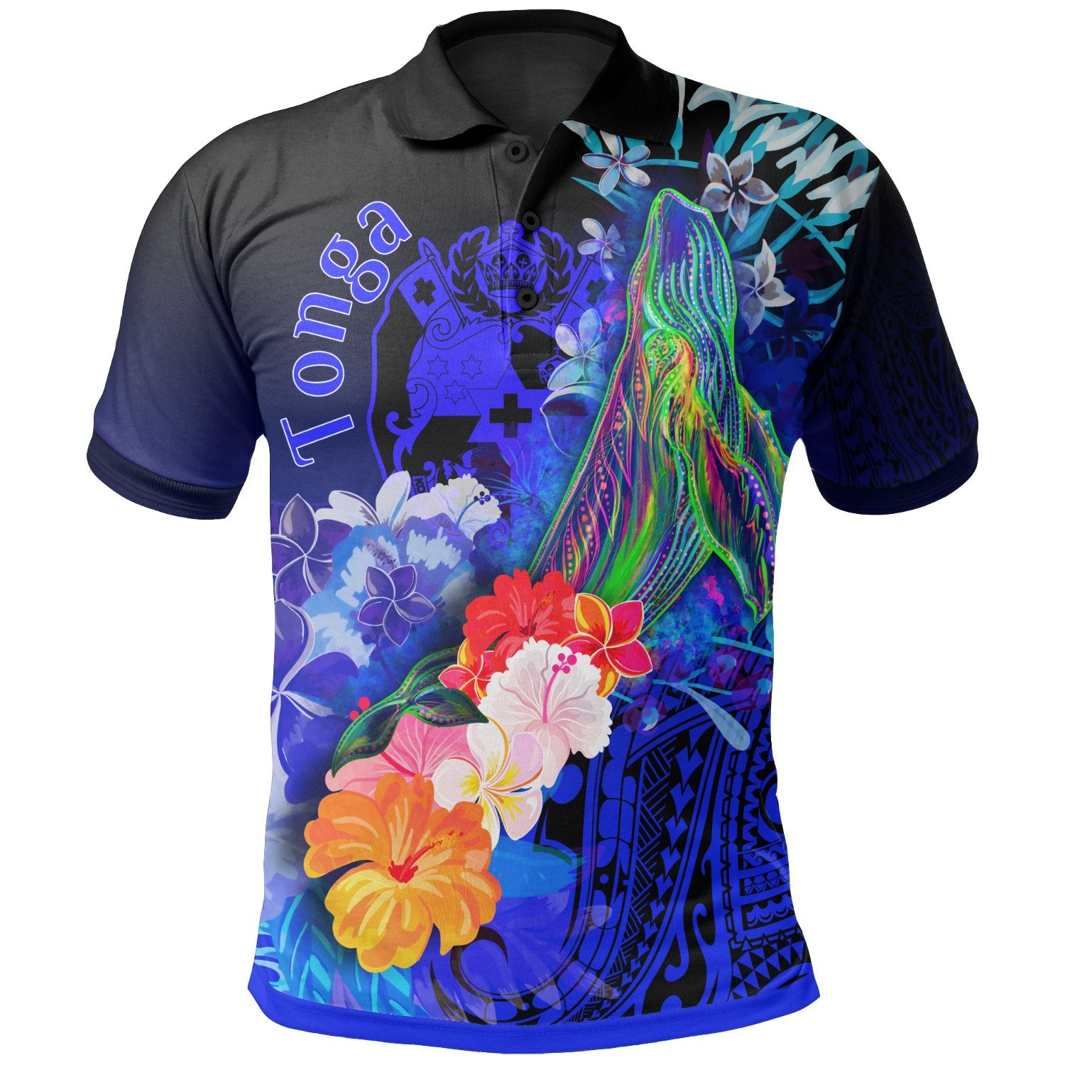 Tonga Polo Shirt Humpback Whale with Tropical Flowers (Blue) Unisex Blue - Polynesian Pride