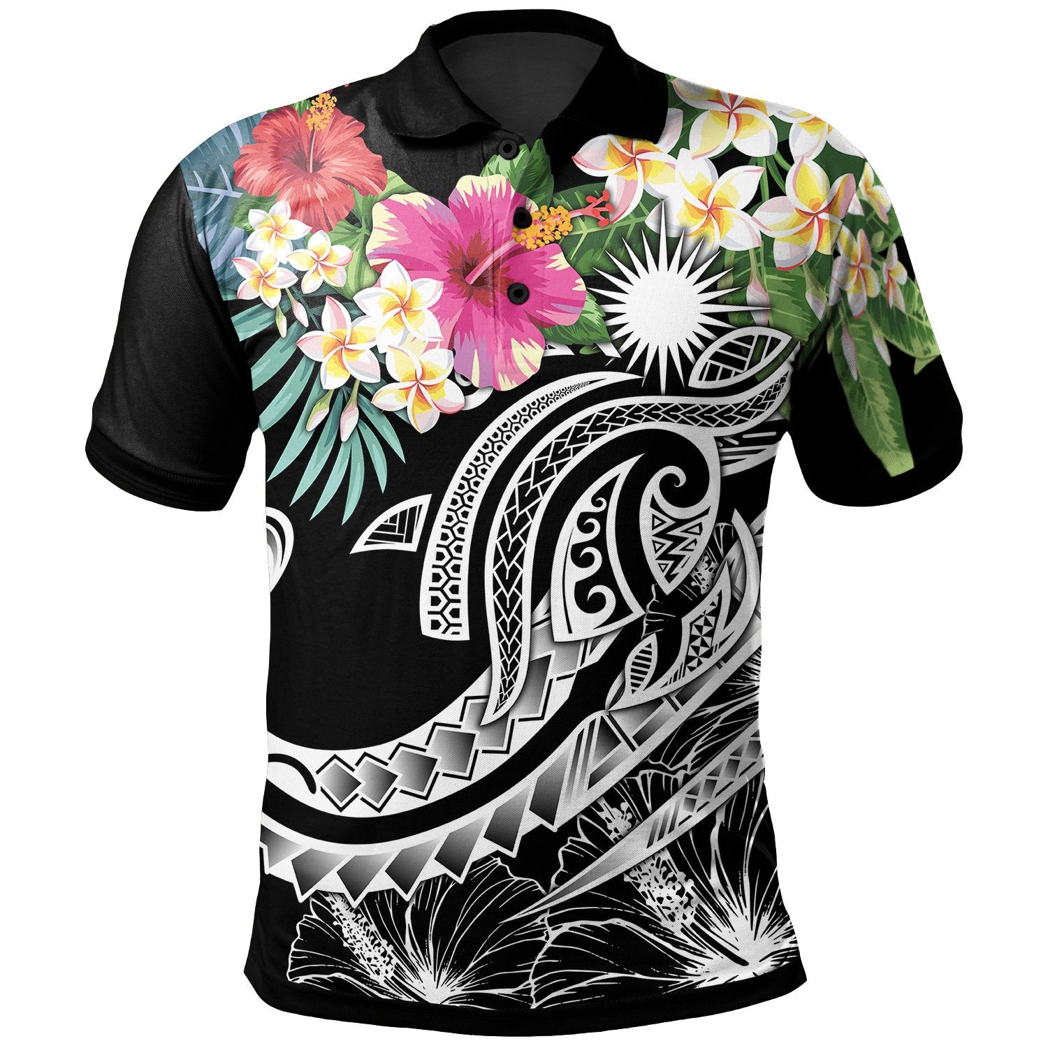 Marshall Islands Polynesian Polo Shirt Summer Plumeria (Black) Unisex Black - Polynesian Pride