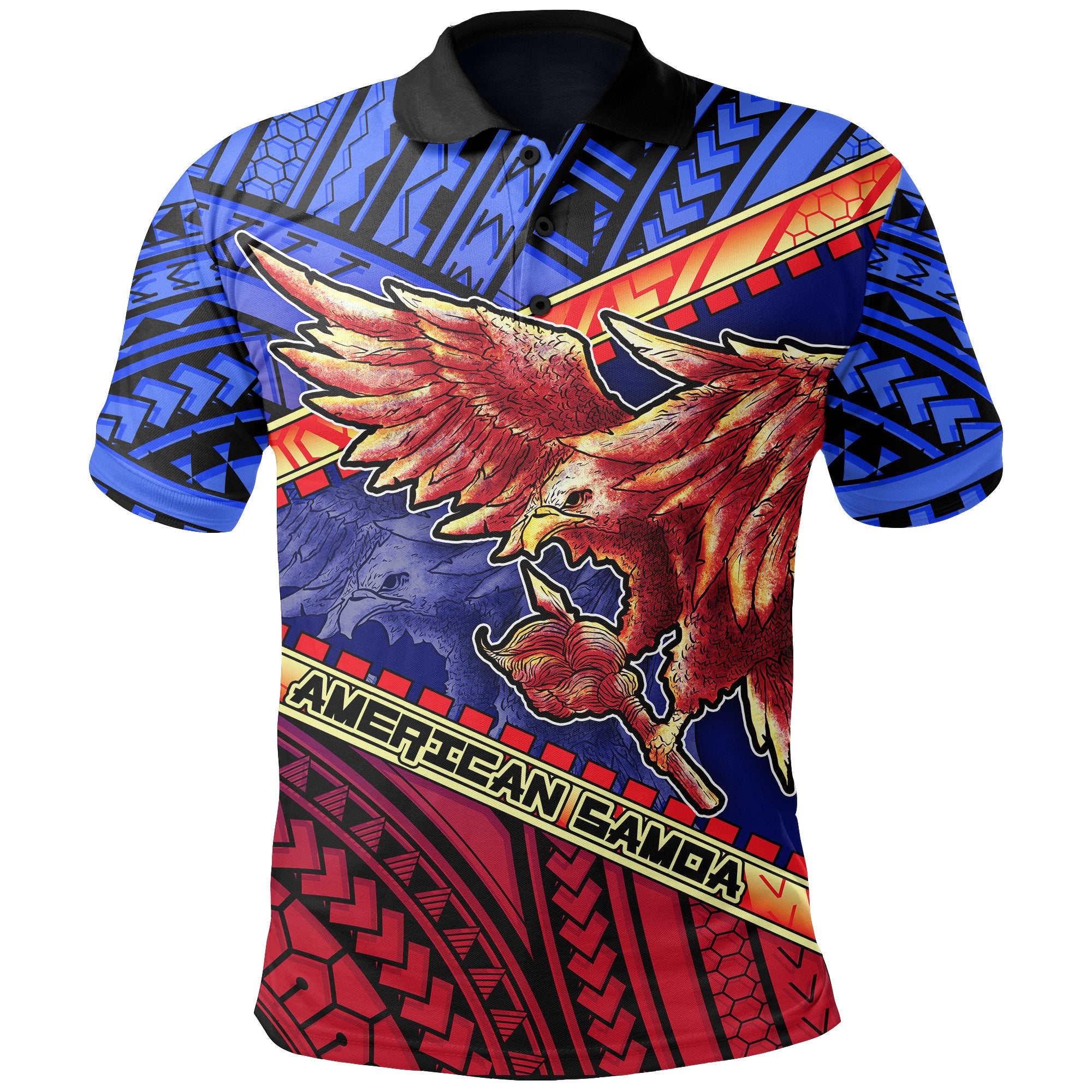 American Samoa Polynesian Polo Shirt Eagle Tattoo Pattern Unisex Black - Polynesian Pride