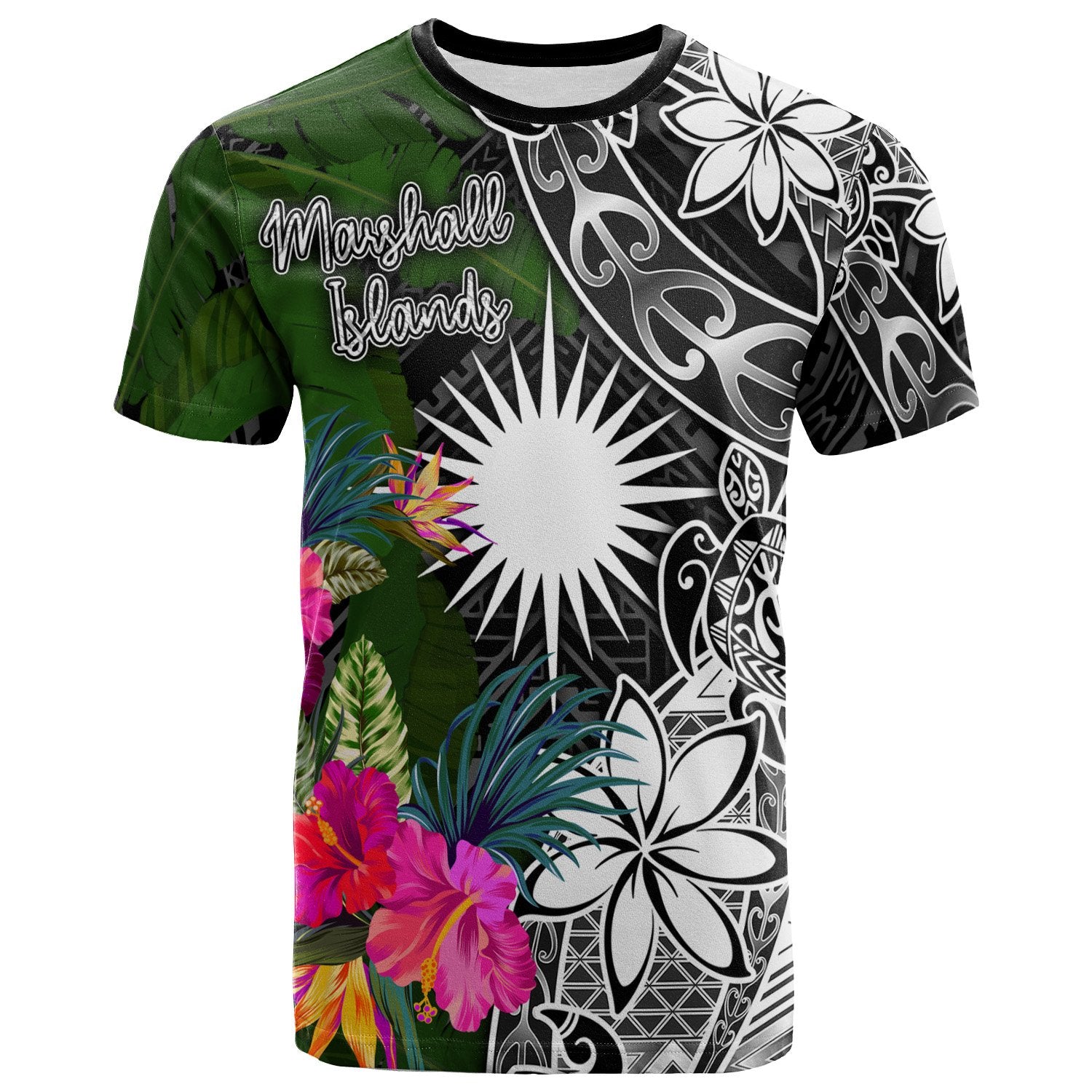 Marshall Islands T Shirt Turtle Plumeria Banana Leaf Unisex Black - Polynesian Pride