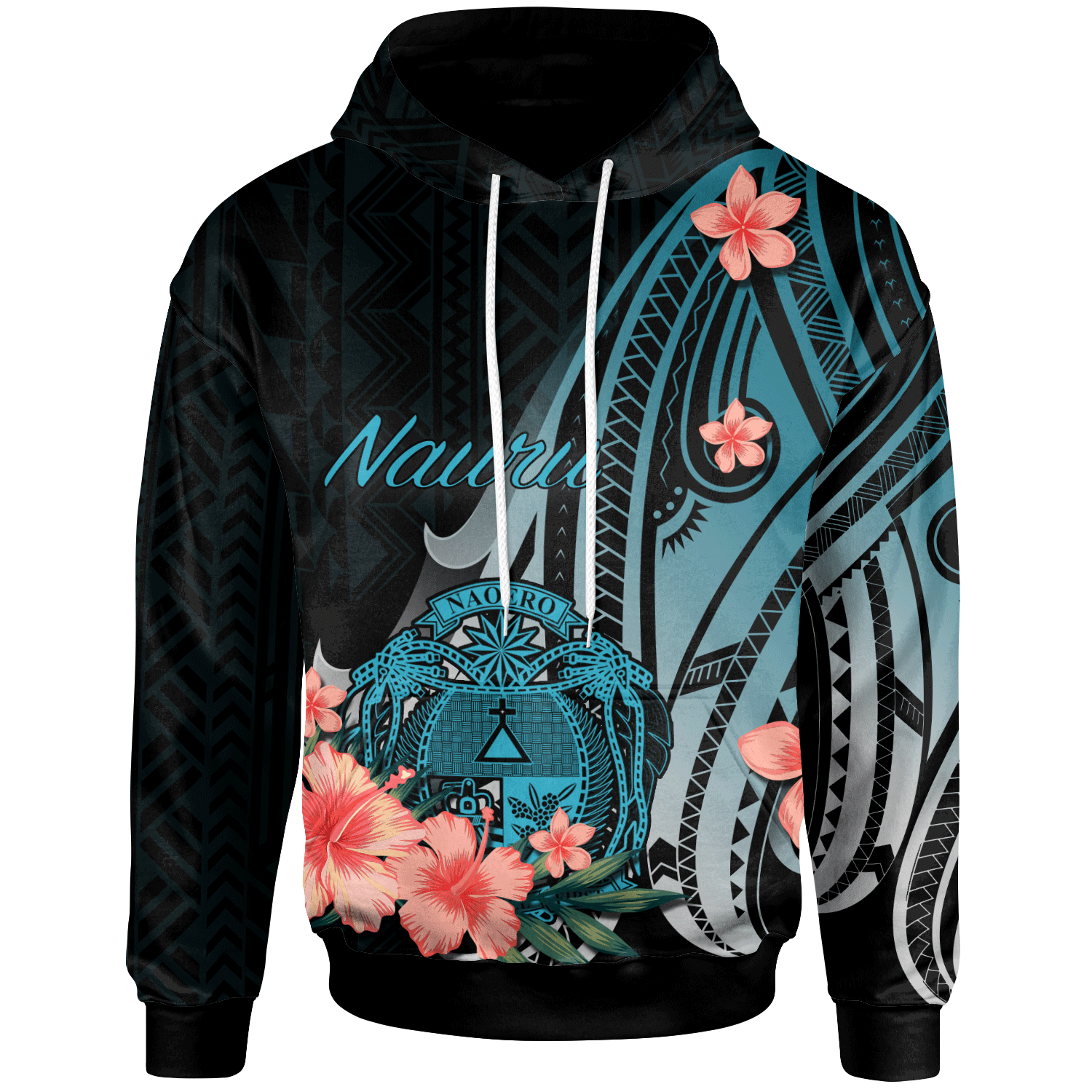 Nauru Hoodie Turquoise Polynesian Hibiscus Pattern Style Unisex Turquoise - Polynesian Pride