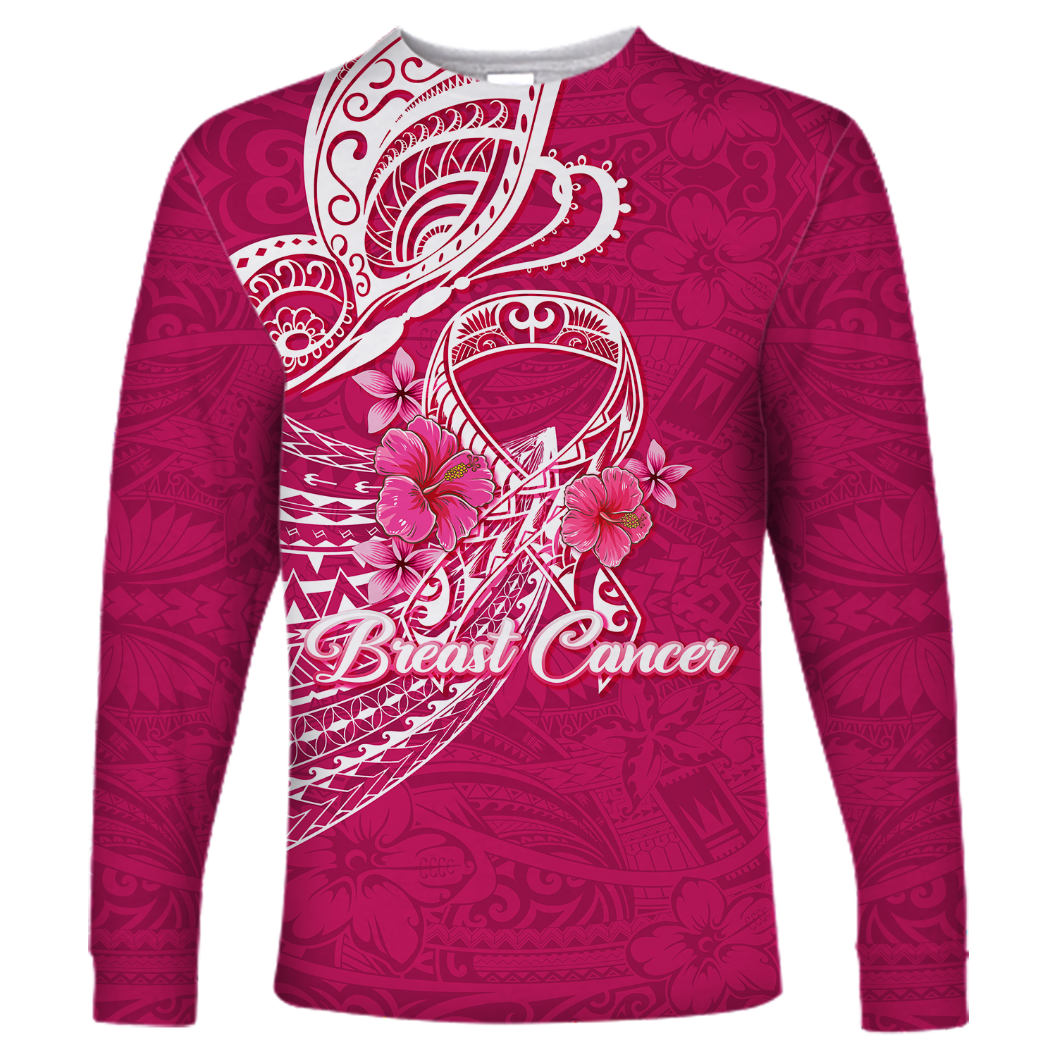 Breast Cancer Pink Ribbon Butterfly Polynesian Pink Version Long Sleeve Shirt - LT12 Unisex Pink - Polynesian Pride