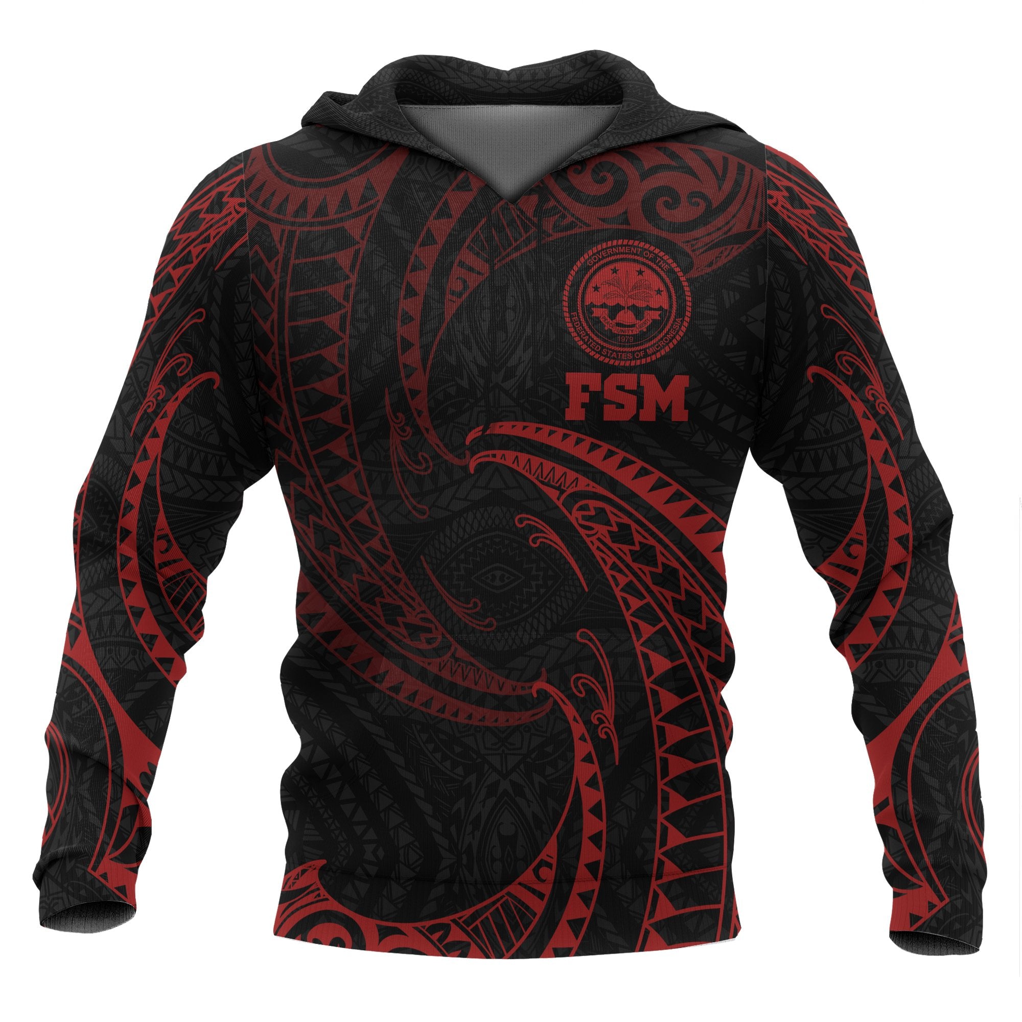 Federated States of Micronesia ll Over Hoodie Red Tribal Wave Unisex Red - Polynesian Pride