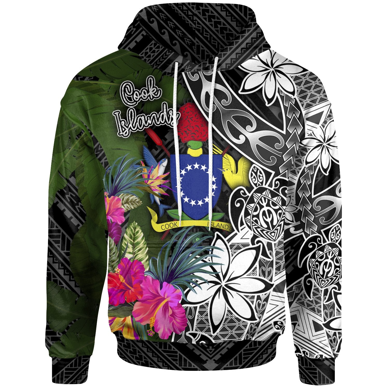 Cook Islands Hoodie Turtle Plumeria Banana Leaf Unisex Black - Polynesian Pride