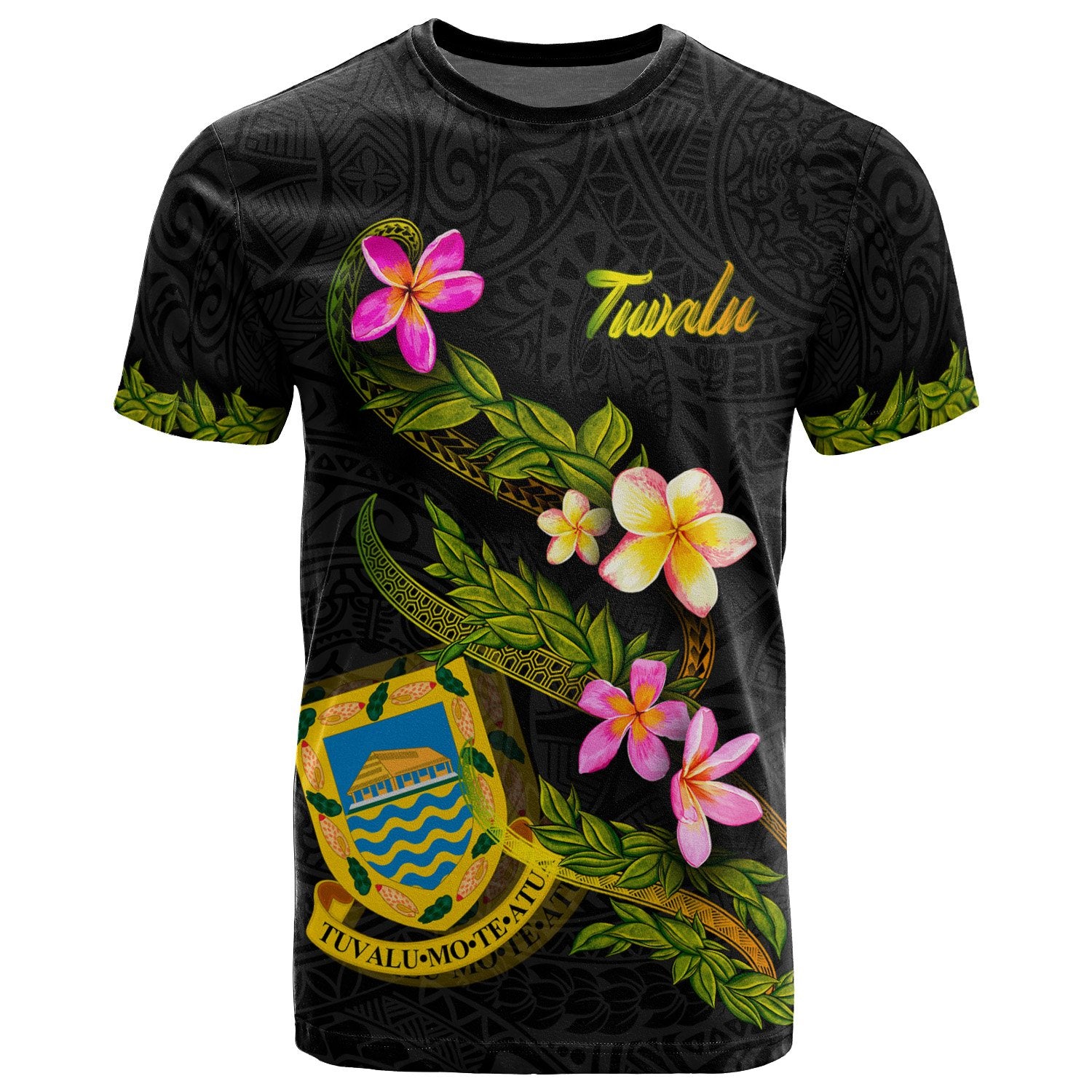 Tuvalu Polynesian T Shirt Plumeria Tribal Unisex Black - Polynesian Pride