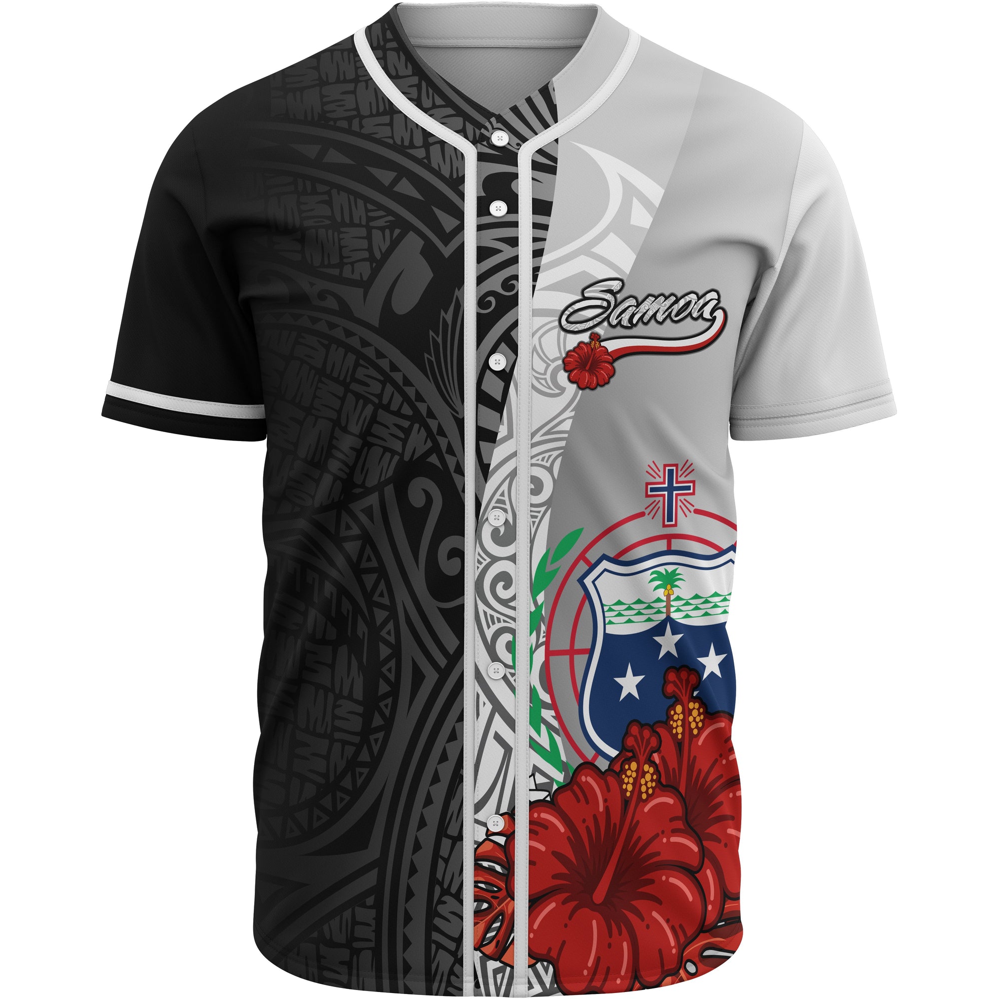 Samoa Polynesian Baseball Shirt - Coat Of Arm With Hibiscus White Unisex White - Polynesian Pride