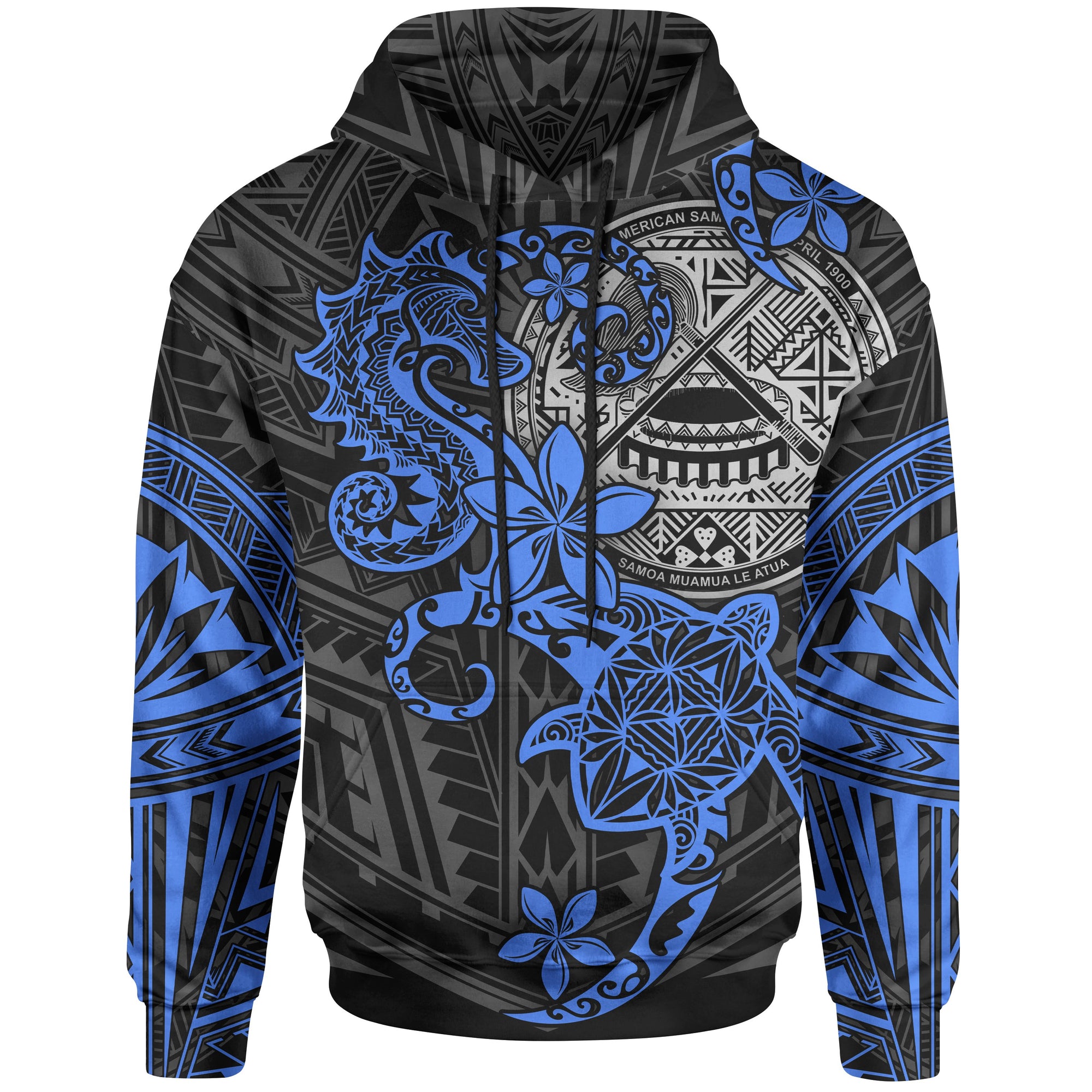 American Samoa Polynesian Hoodie Blue Seahorse Turtle Unisex BLUE - Polynesian Pride