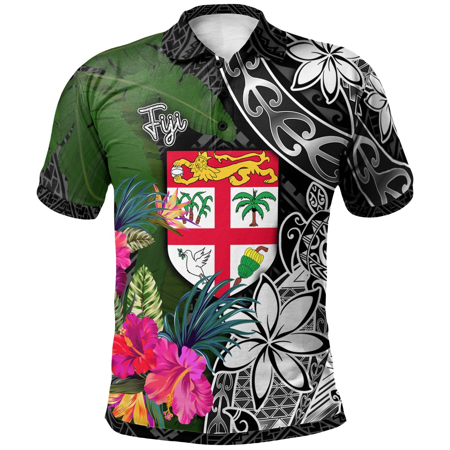 Fiji Polo Shirt Turtle Plumeria Banana Leaf Unisex Black - Polynesian Pride