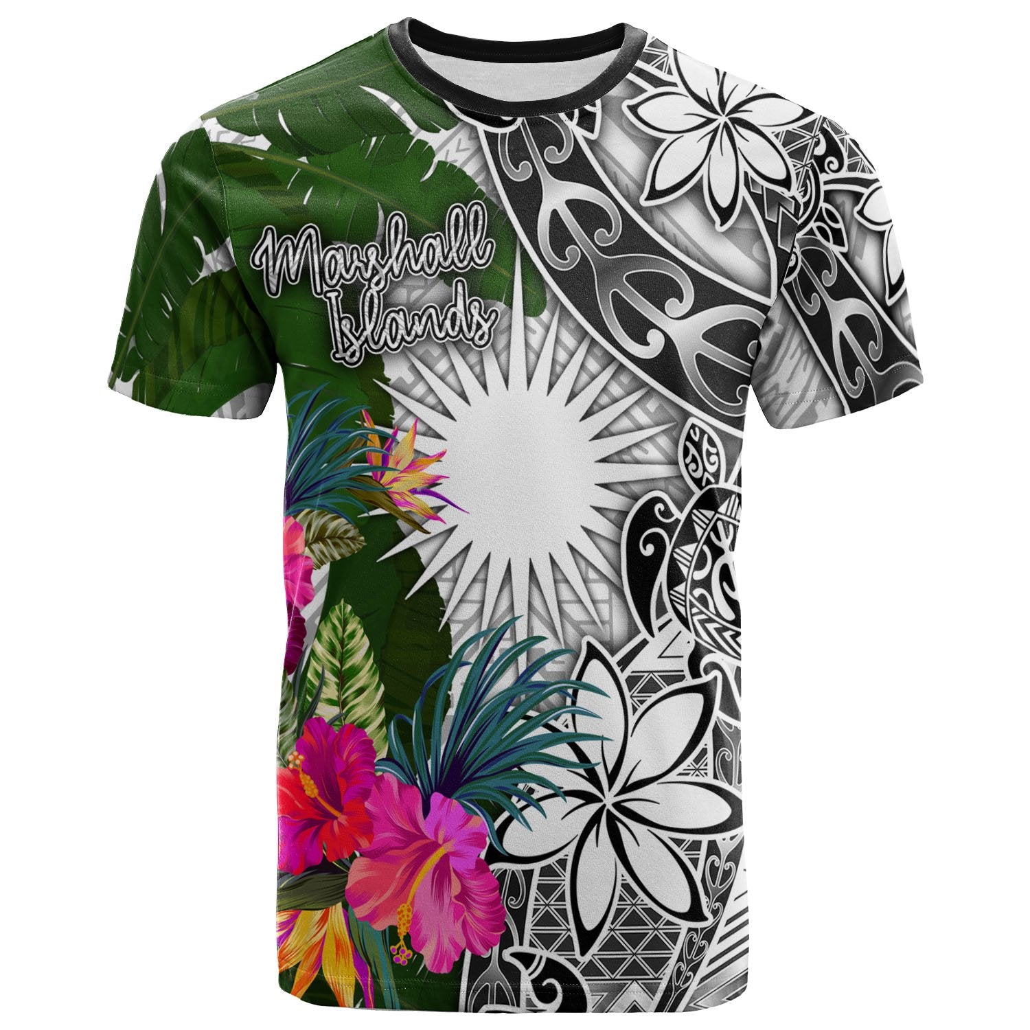 Marshall Islands T Shirt White Turtle Plumeria Banana Leaf Unisex Art - Polynesian Pride