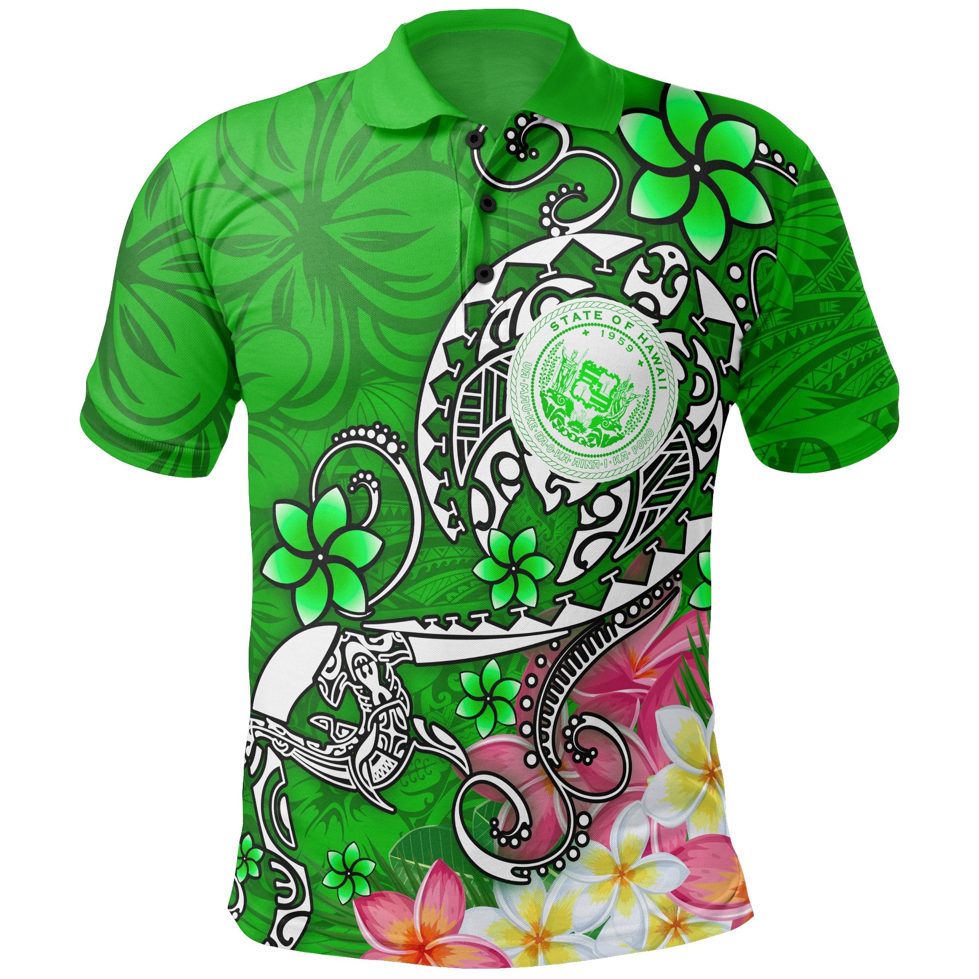 Hawaii Polynesian Polo Shirt Hawaii Seal With Turtle Plumeria (Green) Unisex Green - Polynesian Pride