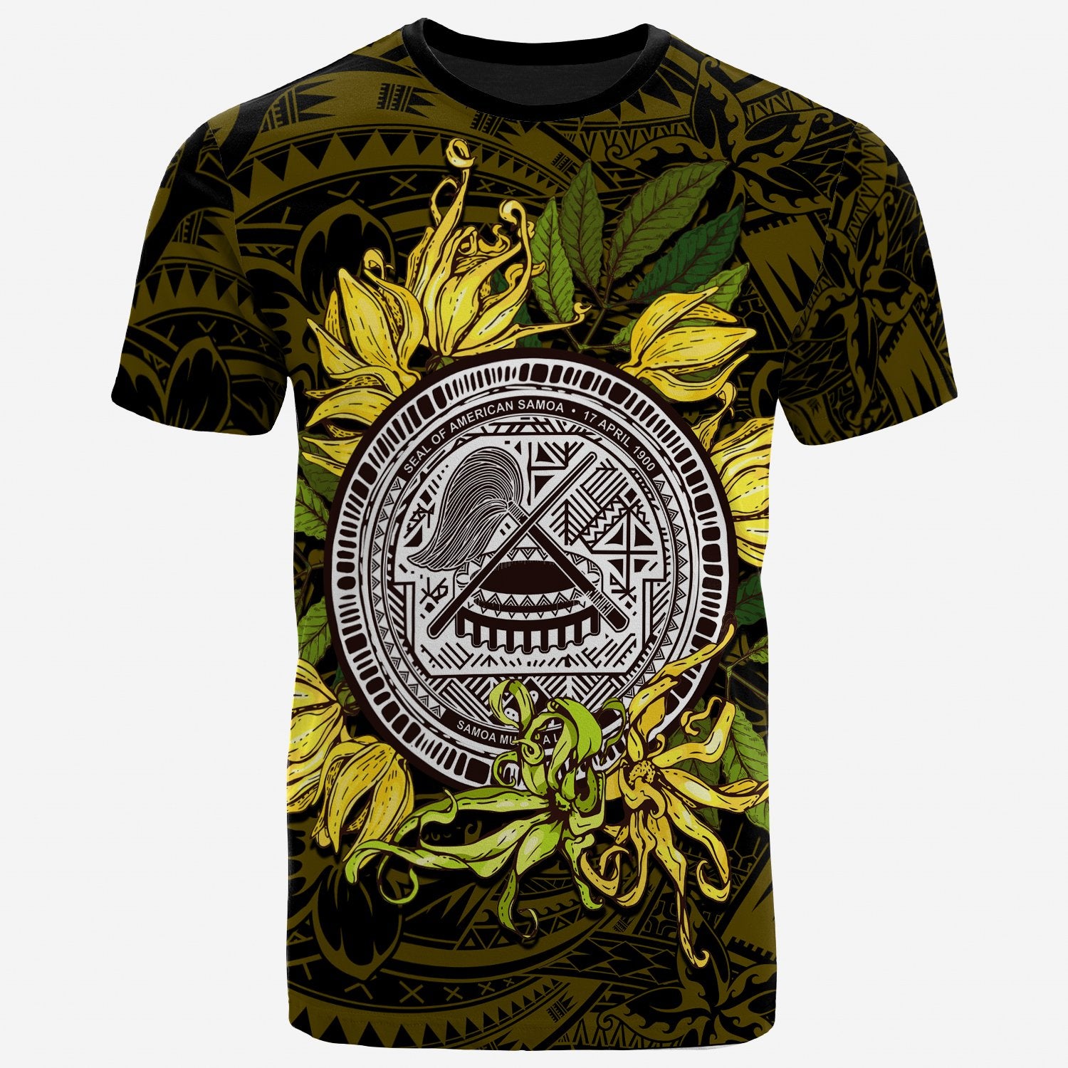 American Samoa T Shirt Polynesian Ylang Ylang Flowers Unisex Black - Polynesian Pride