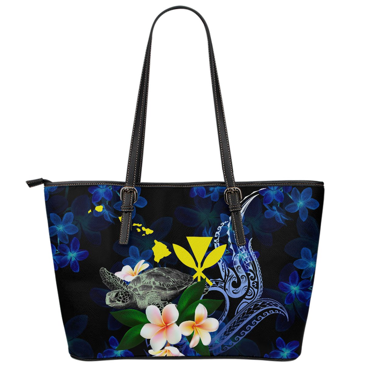 Polynesian Hawaii Leather Tote Bag - Turtle With Plumeria Flowers Blue - Polynesian Pride