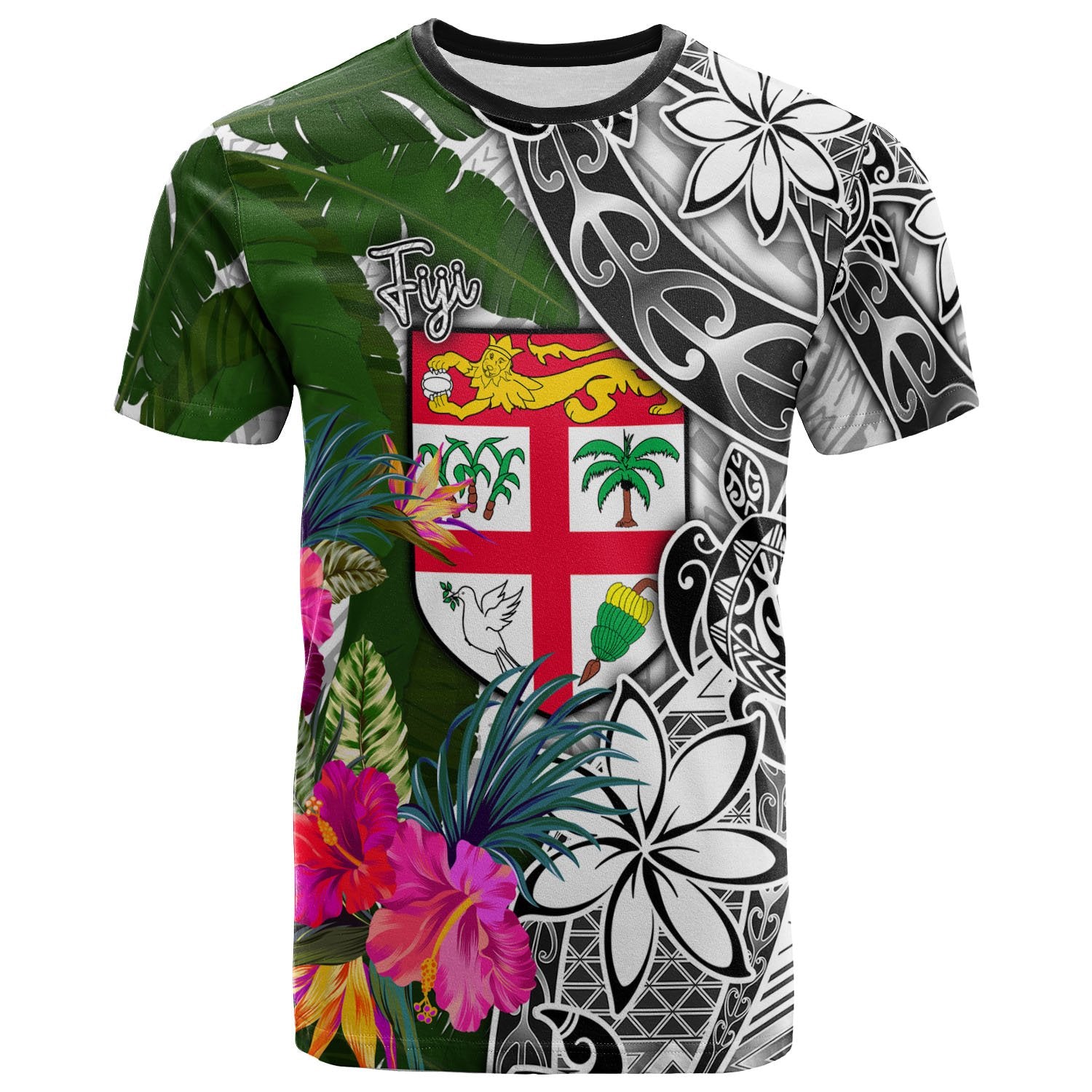 Fiji T Shirt White Turtle Plumeria Banana Leaf Unisex Art - Polynesian Pride