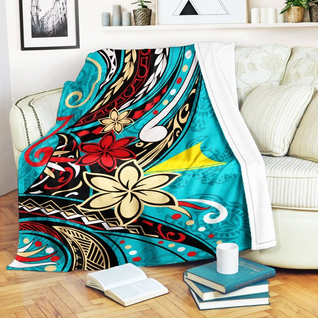 Tokelau Premium Blanket - Tribal Flower With Special Turtles Blue Color White - Polynesian Pride