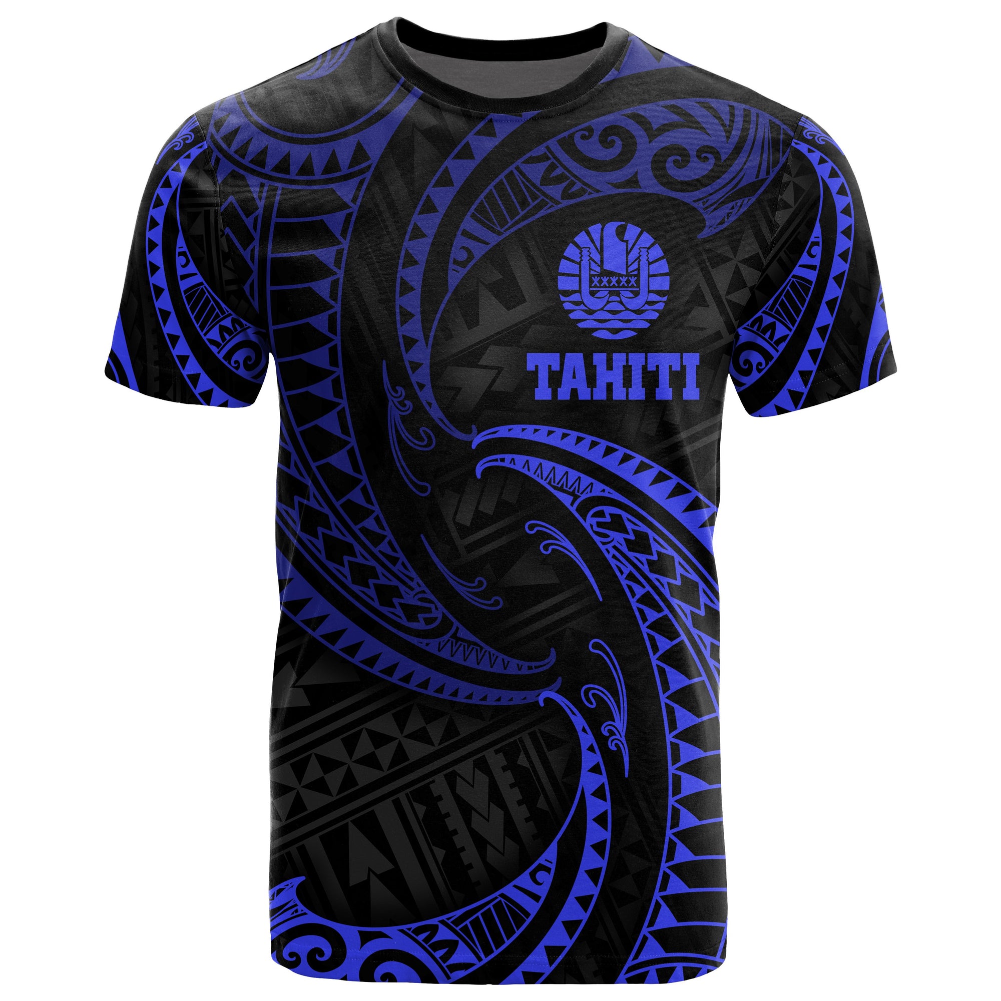 Tahiti Polynesian All Over T Shirt Blue Tribal Wave Unisex Blue - Polynesian Pride