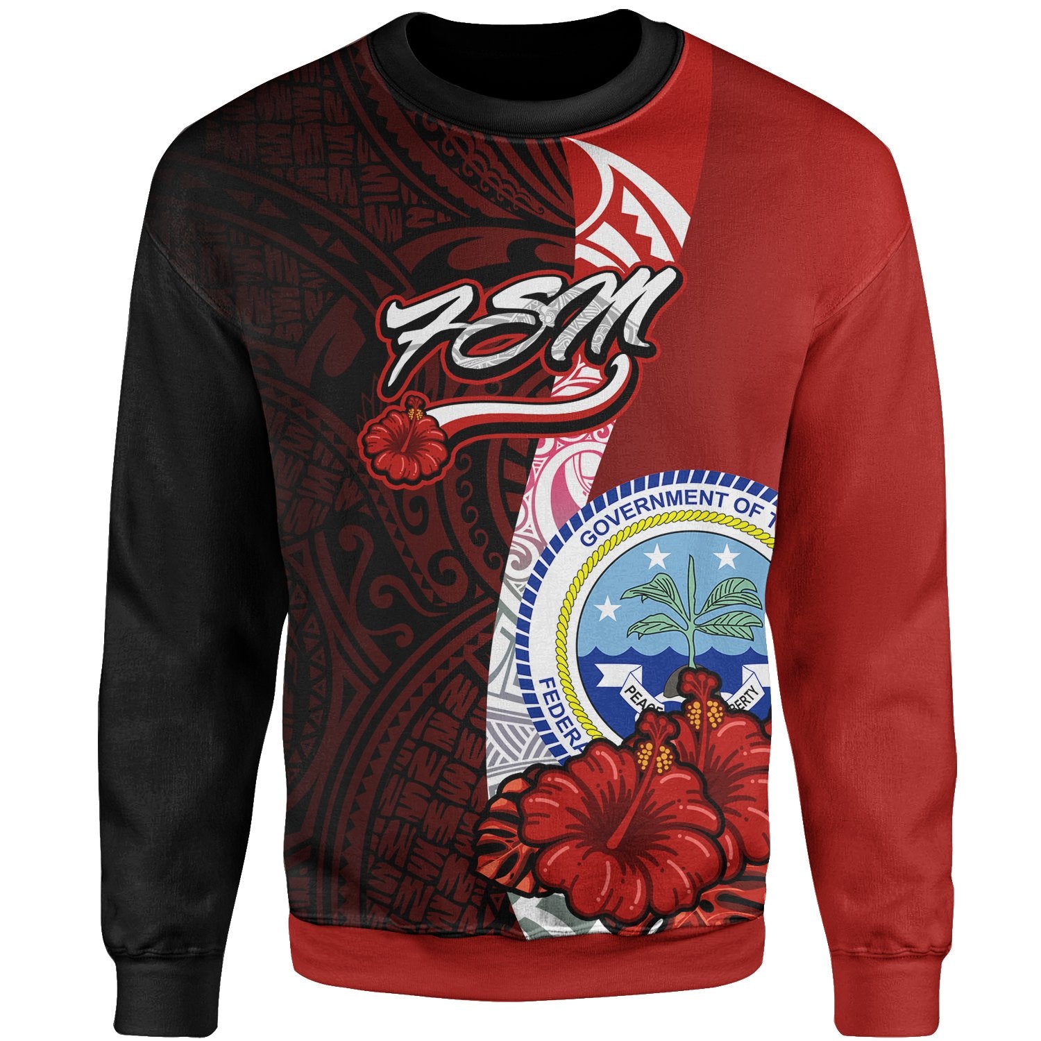 Federated States Of Micronesia Polynesian Sweater - Coat Of Arm With Hibiscus Unisex Red - Polynesian Pride