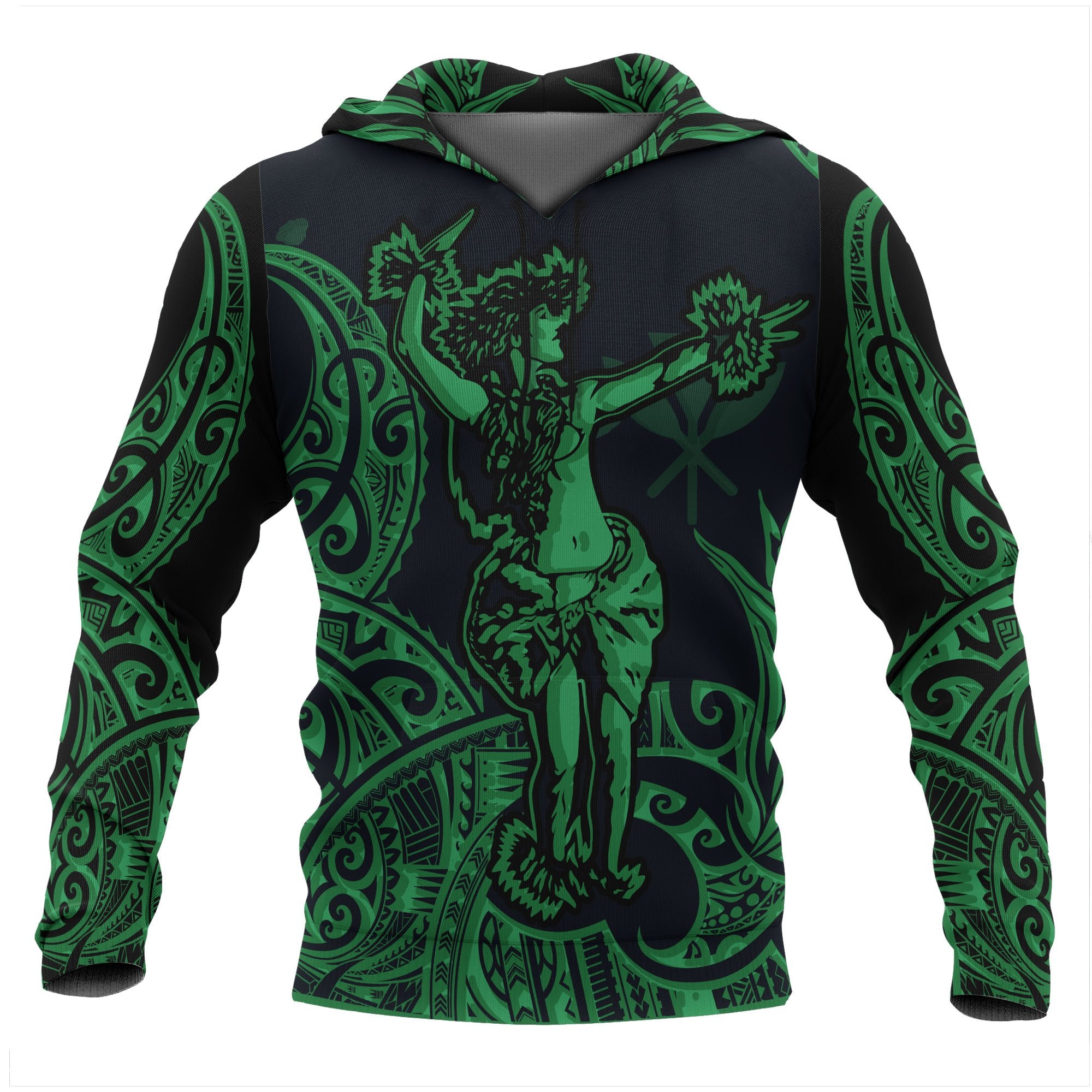 Polynesian Hawaii Hoodie Hula Girl Green Unisex Green - Polynesian Pride