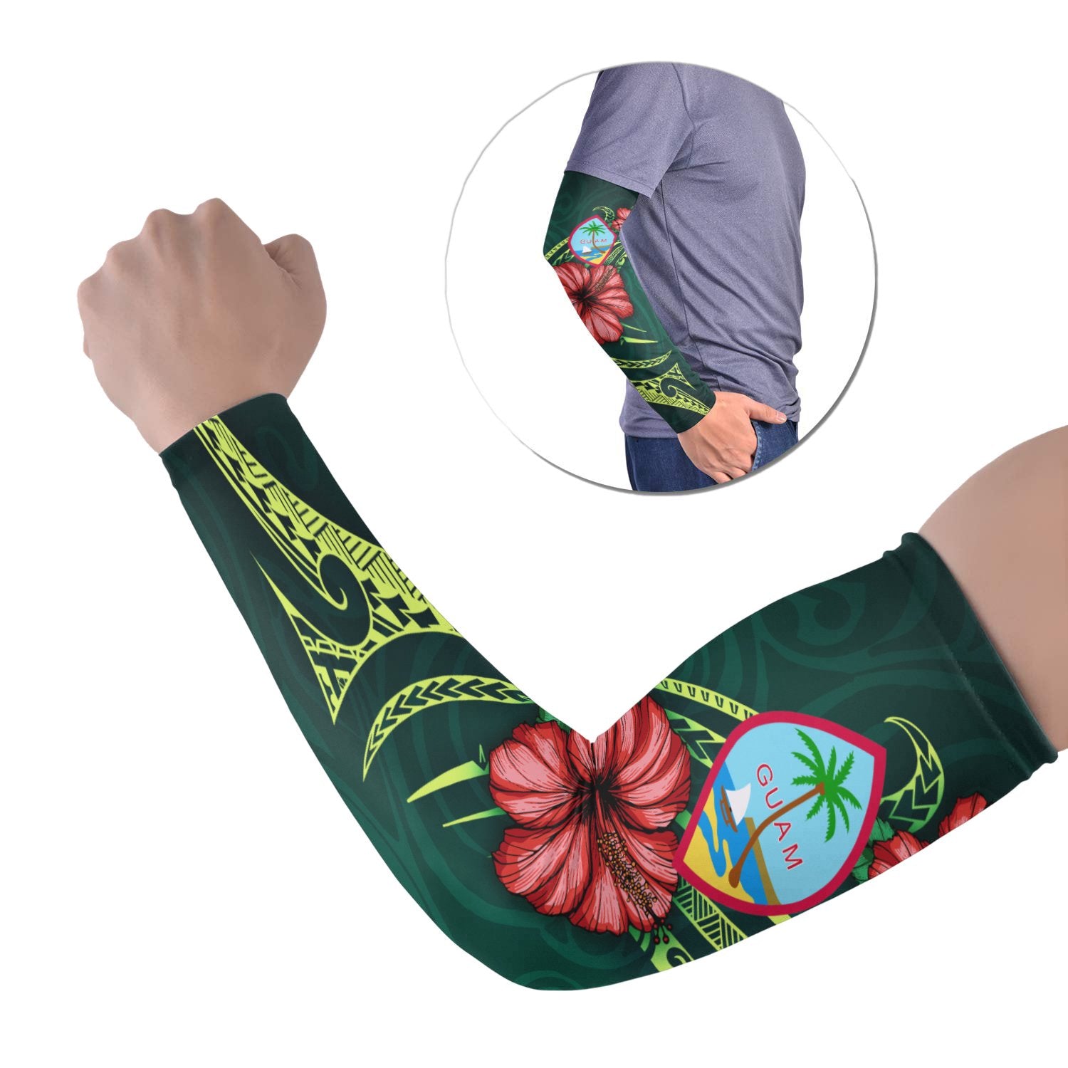 Guam Polynesian Arm Sleeve (Set of 2) - Hibiscus With Seal Set of 2 BLACK - Polynesian Pride