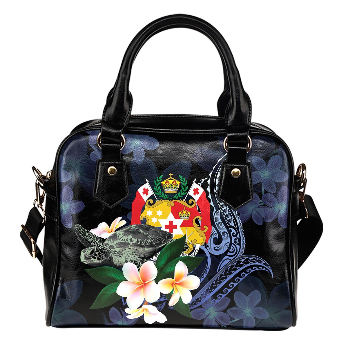 Tonga Polynesian Shoulder Handbag - Turtle With Plumeria Flowers One Size Blue - Polynesian Pride