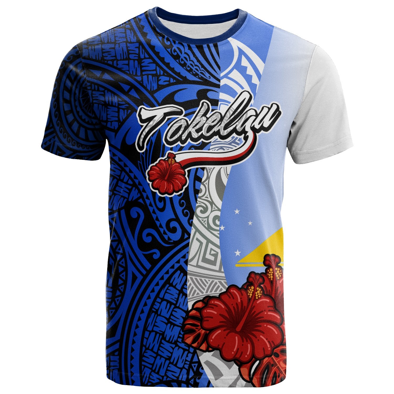 Tokelau Polynesian T Shirt Coat of Arm With Hibiscus Blue Unisex Blue - Polynesian Pride