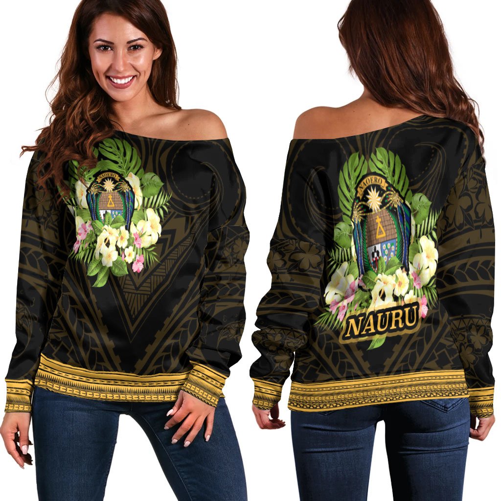 Nauru Women's Off Shoulder Sweater - Polynesian Gold Patterns Collection Black - Polynesian Pride