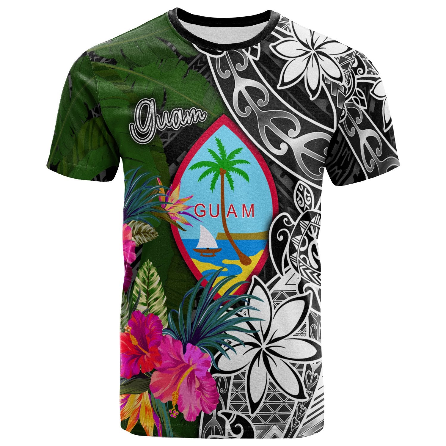 Guam T Shirt Turtle Plumeria Banana Leaf Unisex Black - Polynesian Pride