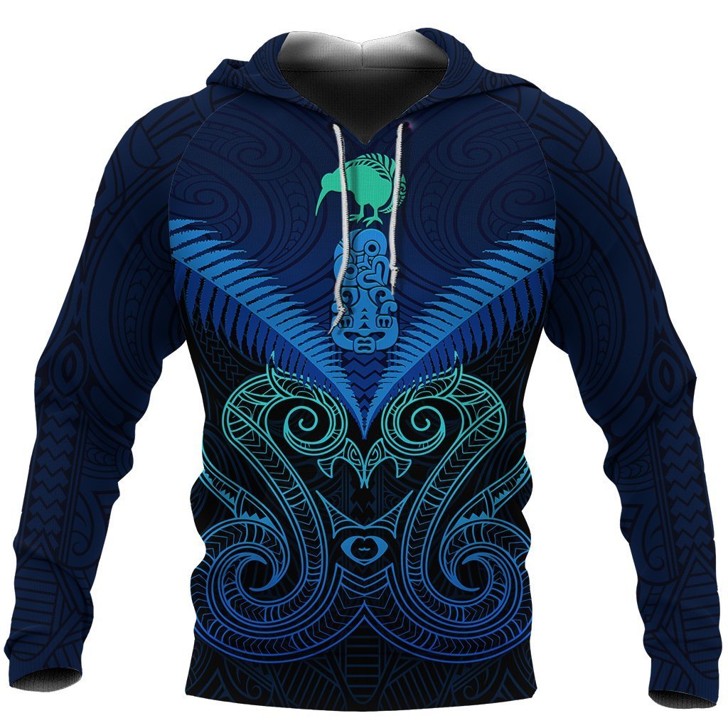 Maori Manaia New Zealand Hoodie Blue Unisex Black - Polynesian Pride