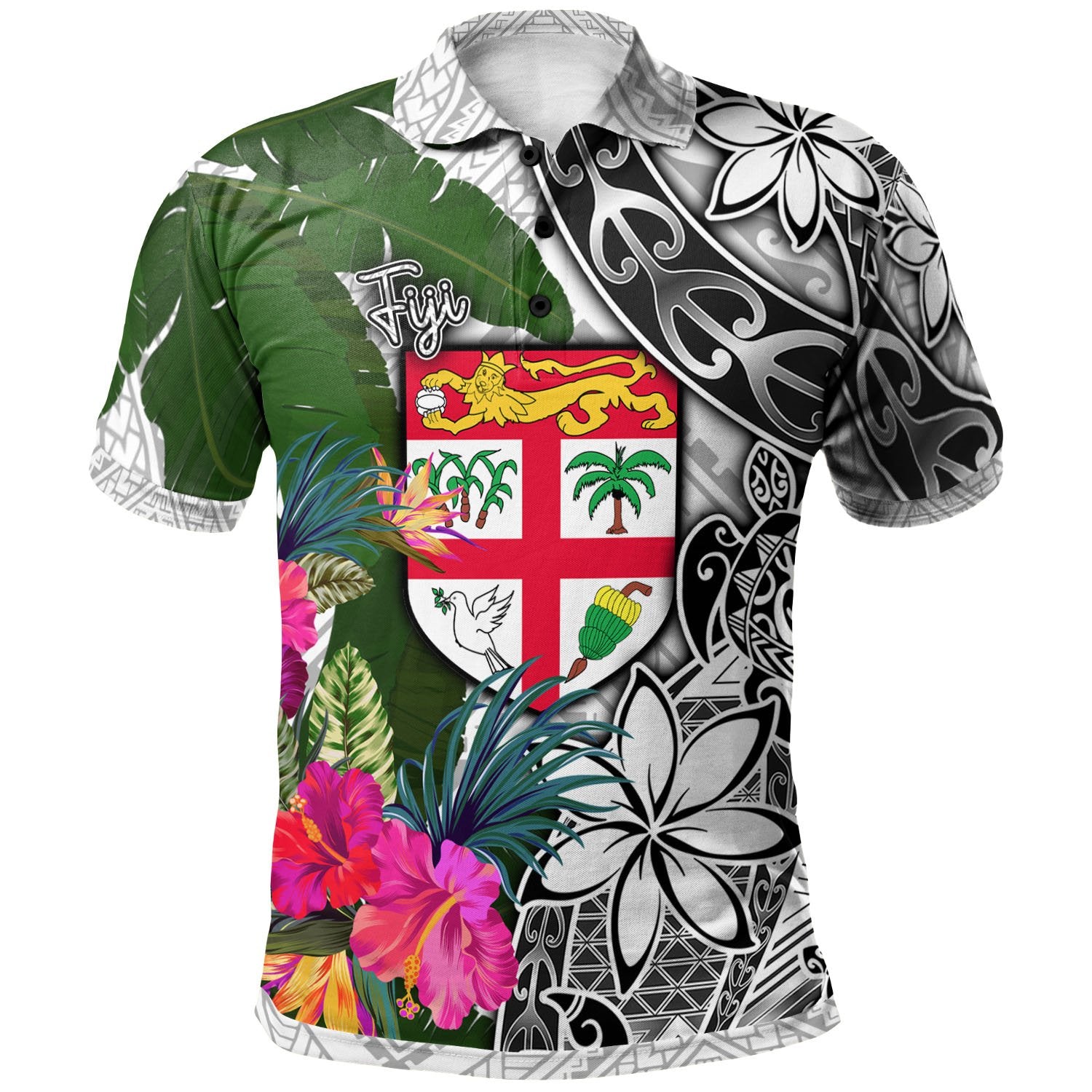 Fiji Polo Shirt White Turtle Plumeria Banana Leaf Unisex White - Polynesian Pride