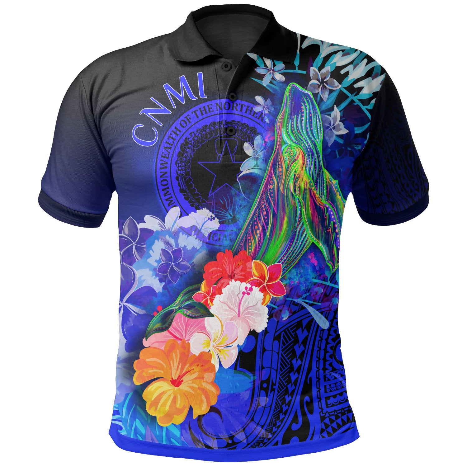 of CNMI Polo Shirt Humpback Whale with Tropical Flowers (Blue) Unisex Blue - Polynesian Pride