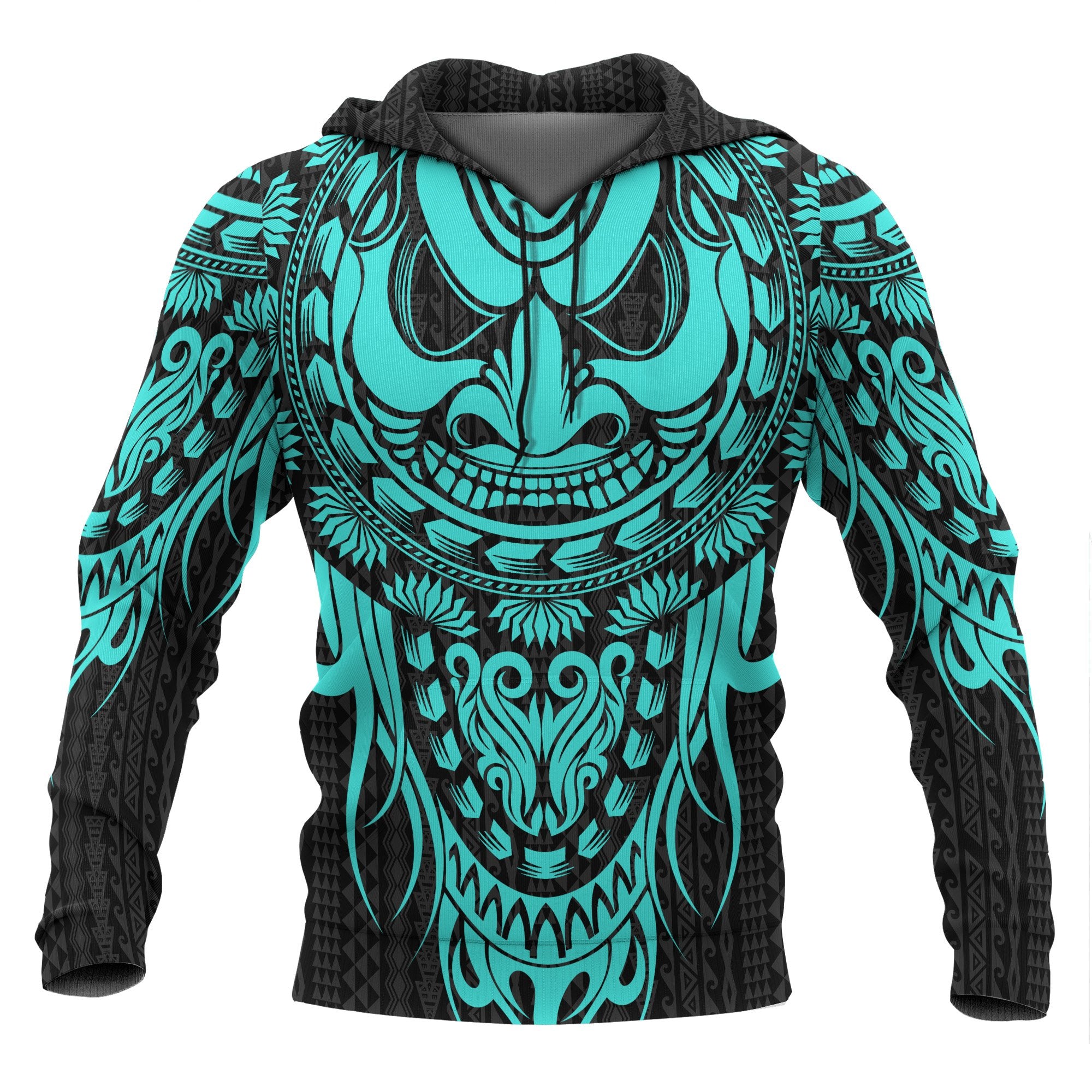 Polynesian Hoodie Tattoo Tiki Neon Blue Unisex Blue - Polynesian Pride