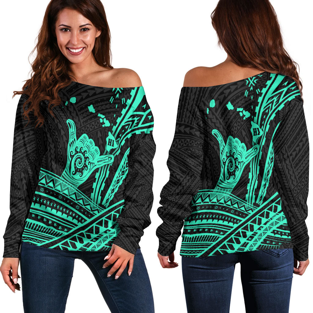 Hawaii Shaka Polynesian Tribal Turquoise Women Off Shoulder Sweater - LT12 Blue - Polynesian Pride