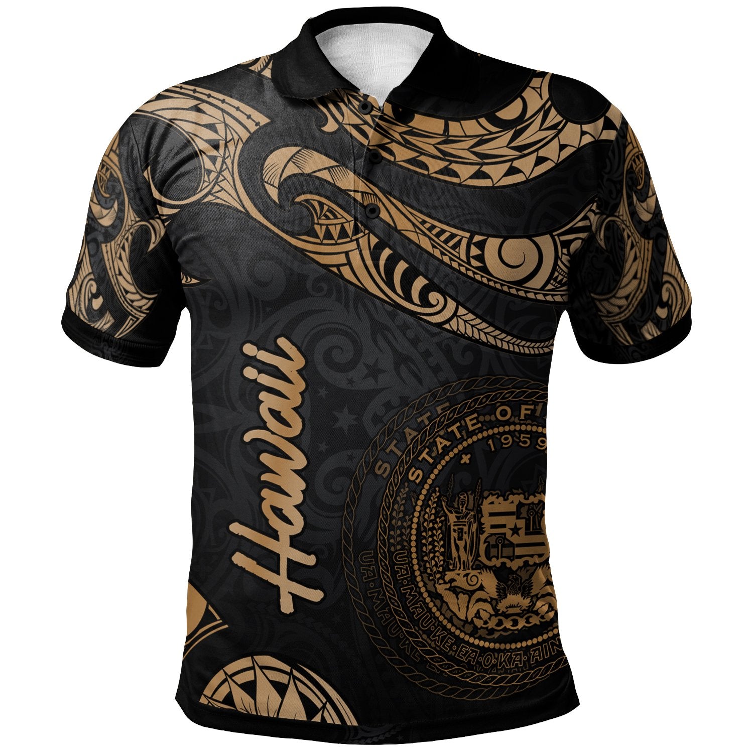 Hawaii Polo Shirt Polynesian Tattoo Gold Version Unisex Gold - Polynesian Pride