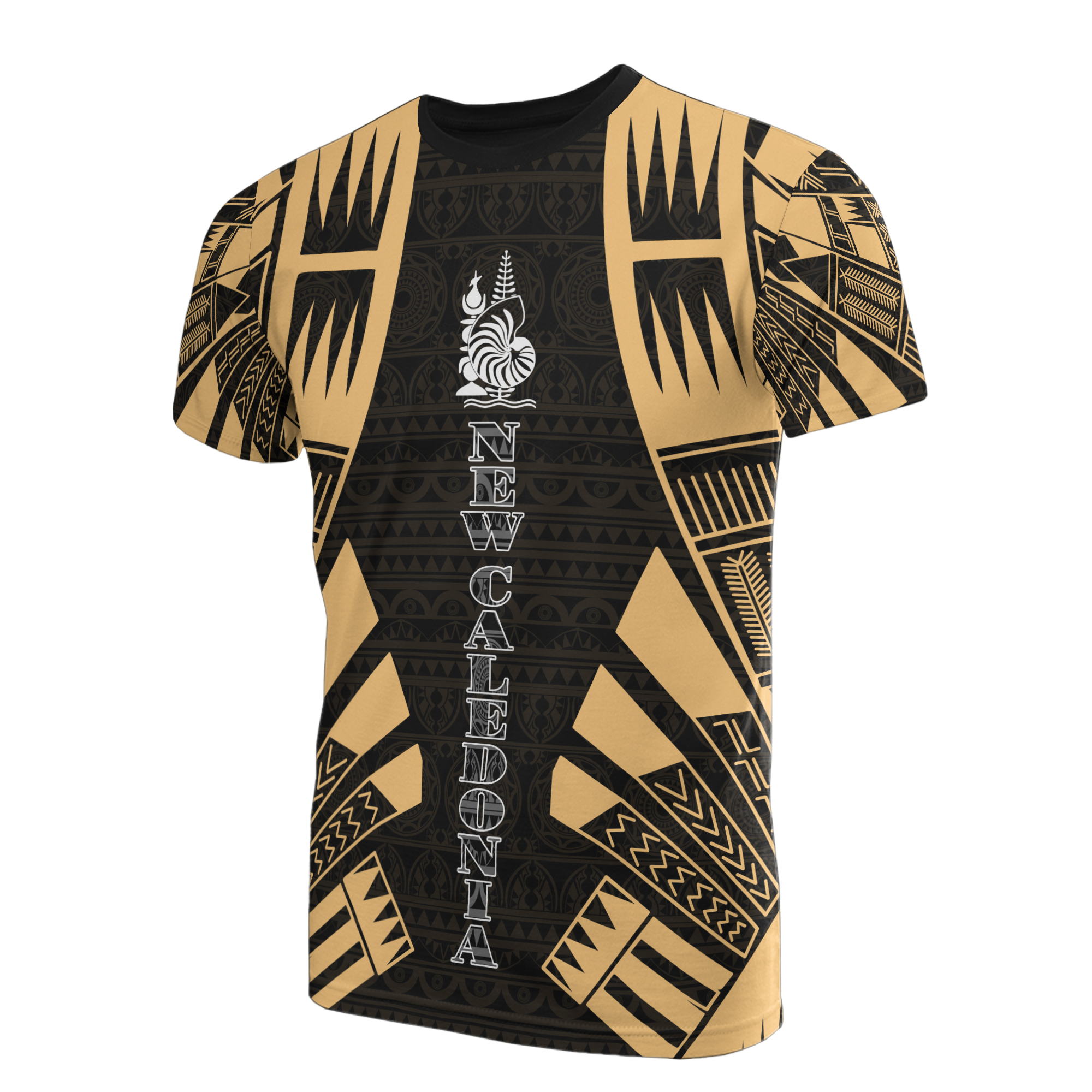 New Caledonia T Shirt New Caledonia Coat Of Arms Polynesian Tattoo Gold Style Unisex Black-Gold - Polynesian Pride