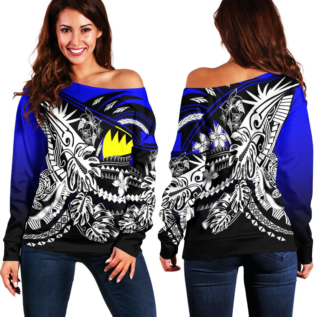 Palau Women's Off Shoulder Sweaters - Tribal Jungle Pattern Blue Color Blue - Polynesian Pride