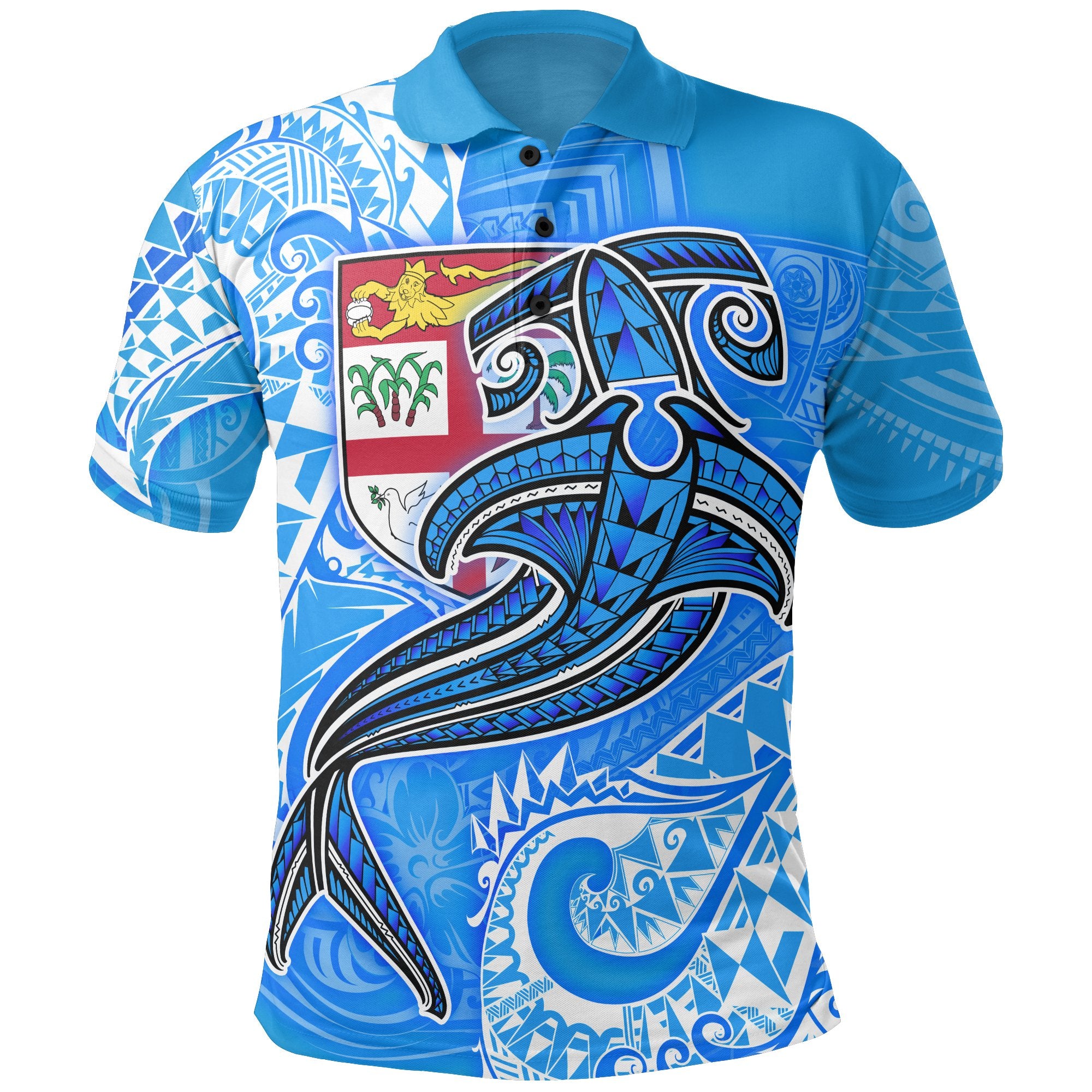 Fiji Polo Shirt Blue Shark Polynesian Tattoo Unisex Blue - Polynesian Pride