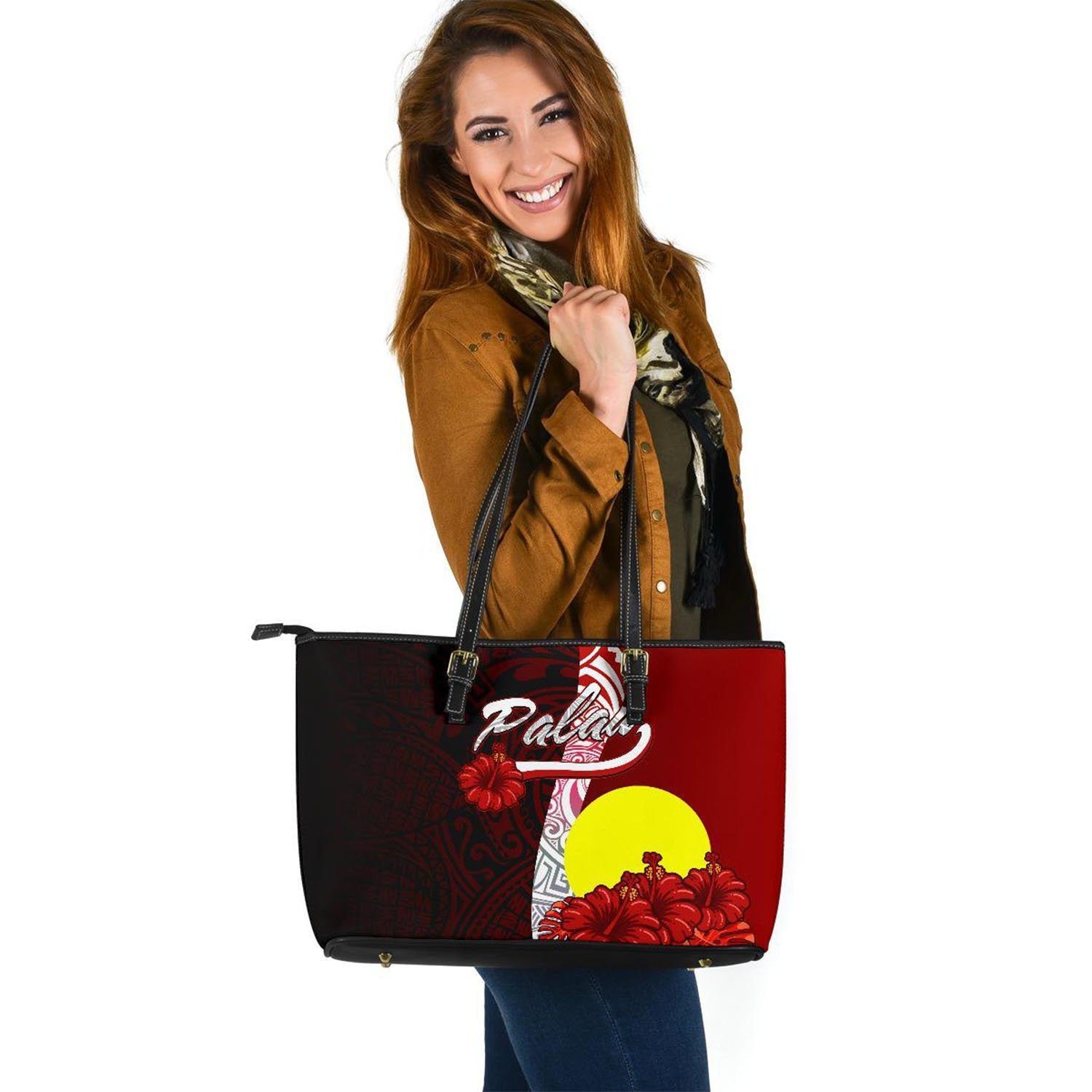 Palau Polynesian Leather Tote Bag - Coat Of Arm With Hibiscus Red - Polynesian Pride