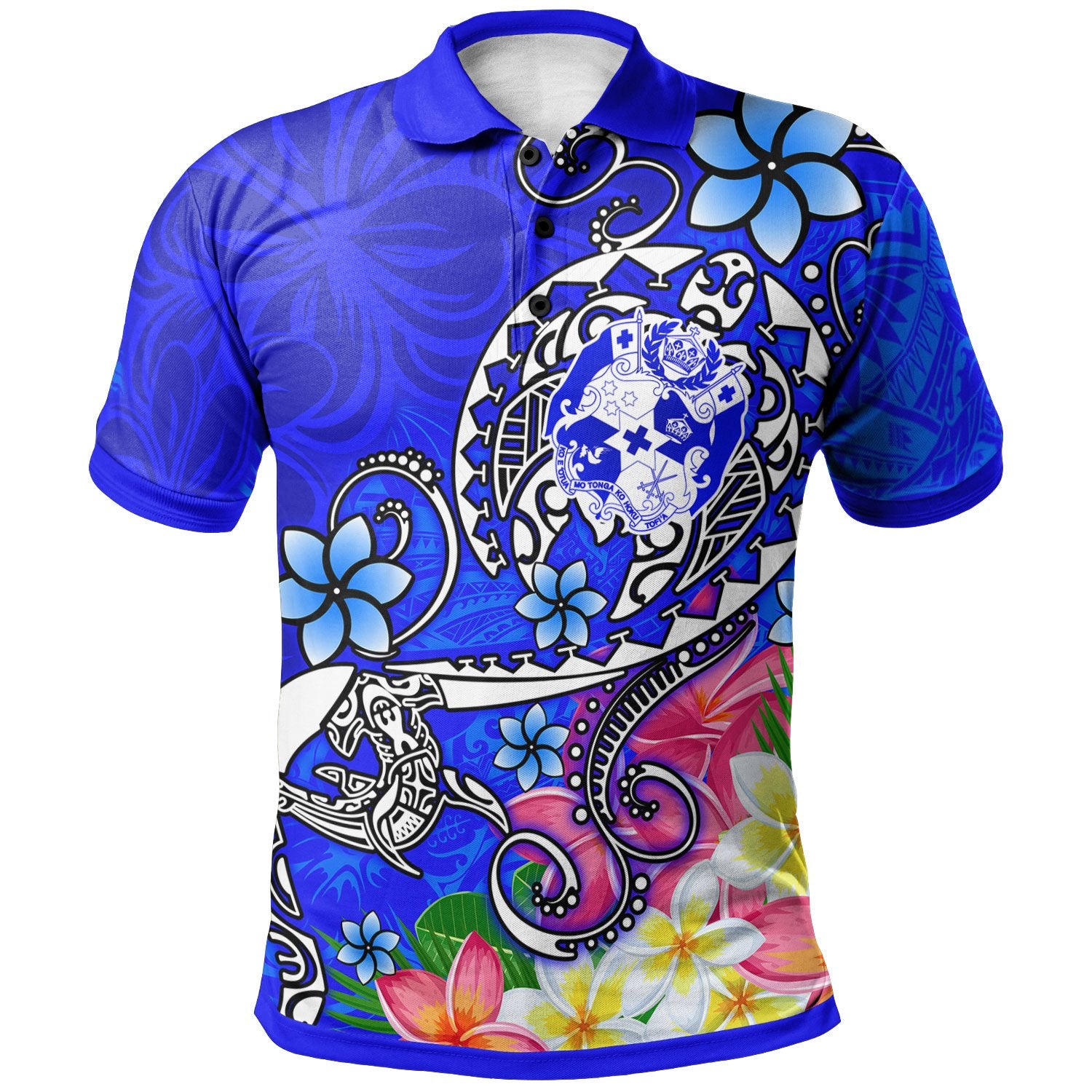 Tonga Polo Shirt Turtle Plumeria (BLUE) Unisex Blue - Polynesian Pride