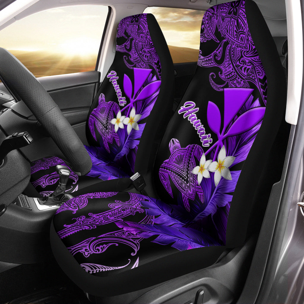 Hawaii Turtle With Plumeria Leaf Purple Car Seat Covers - LT12 Set of 2 Universal Fit Black - Polynesian Pride