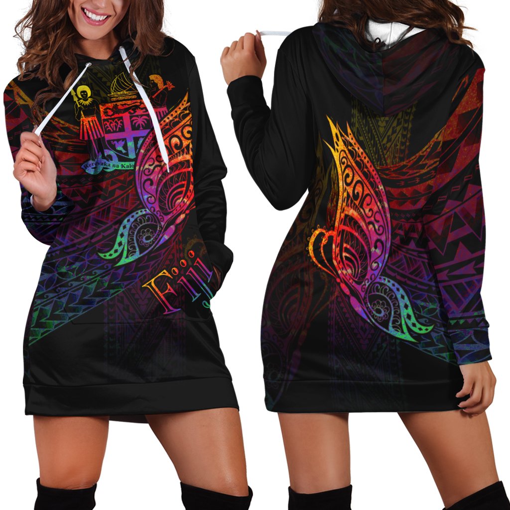 Fiji Hoodie Dress - Butterfly Polynesian Style Black - Polynesian Pride