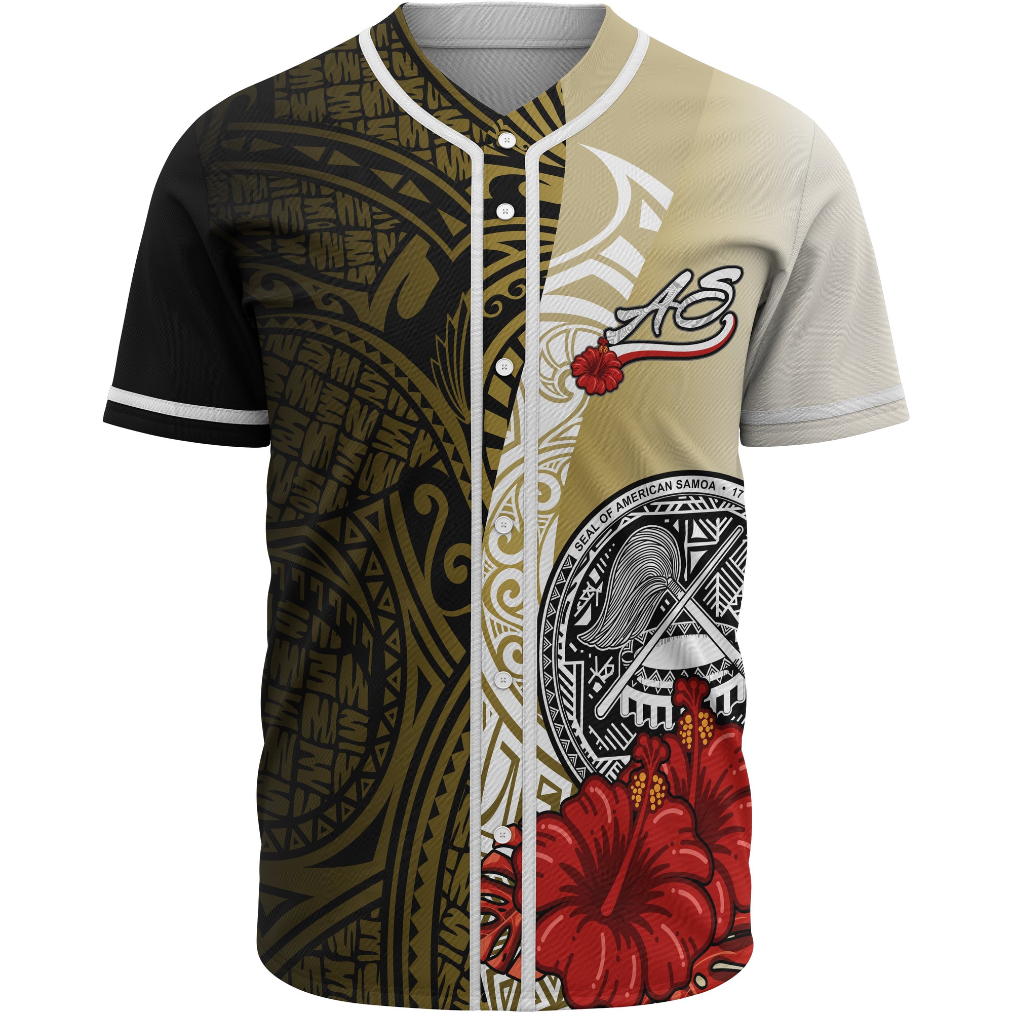 American Samoa Polynesian Baseball Shirt - Coat Of Arm With Hibiscus Gold Unisex Gold - Polynesian Pride